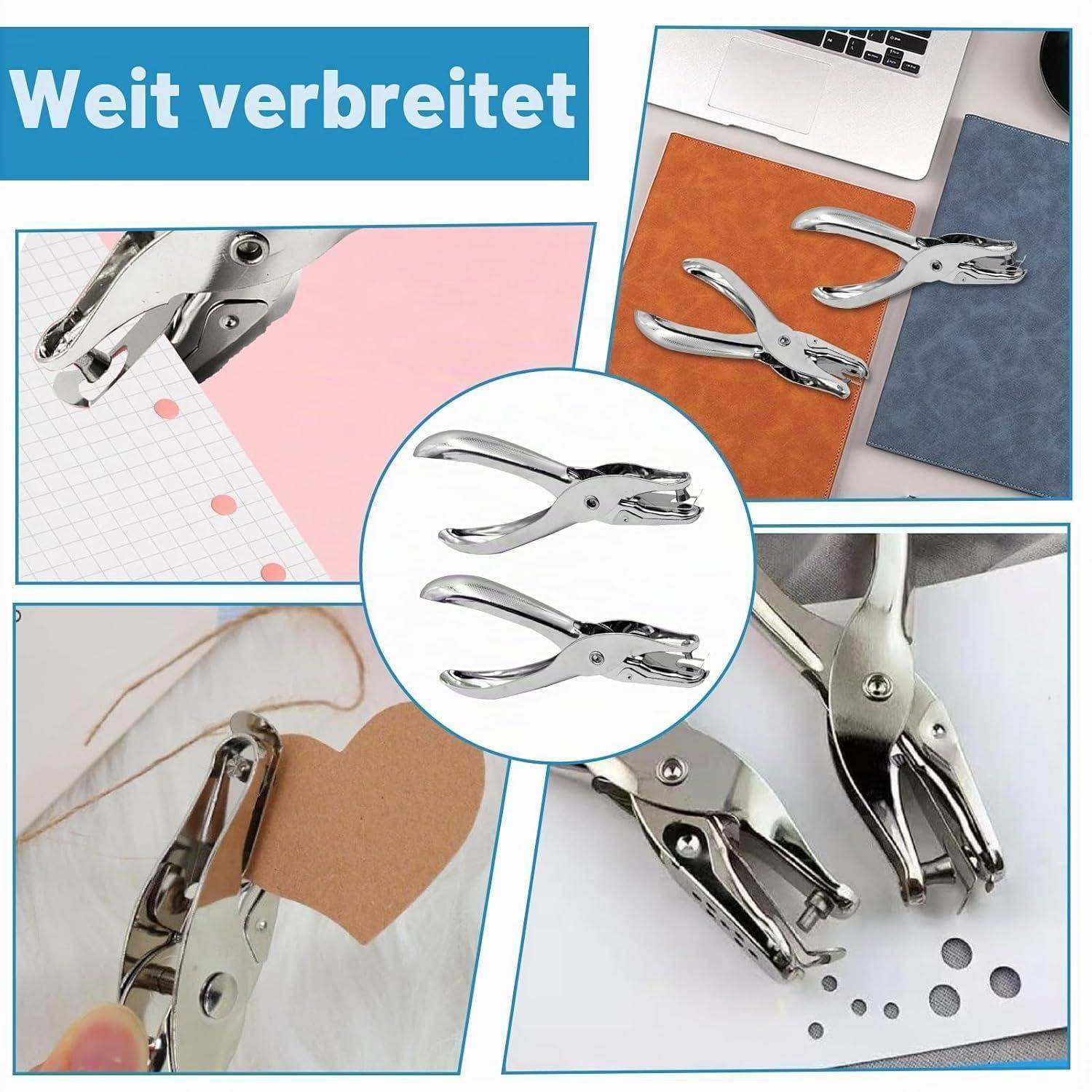 # Collage mit einem silbernen Locher, der auf Papier und Karton verwendet wird, mit dem deutschen Titel "Weit verbreitet"" oben.