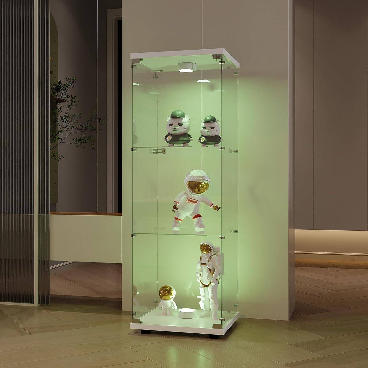 Vitrine aus Glas, 3 Regale, Aufbewahrungsschrank aus Glas auf Fuß, LED-Vitrine, Glasschrank mit 1 Türen und Schloss, für Schlafzimmer und Wohnzimme