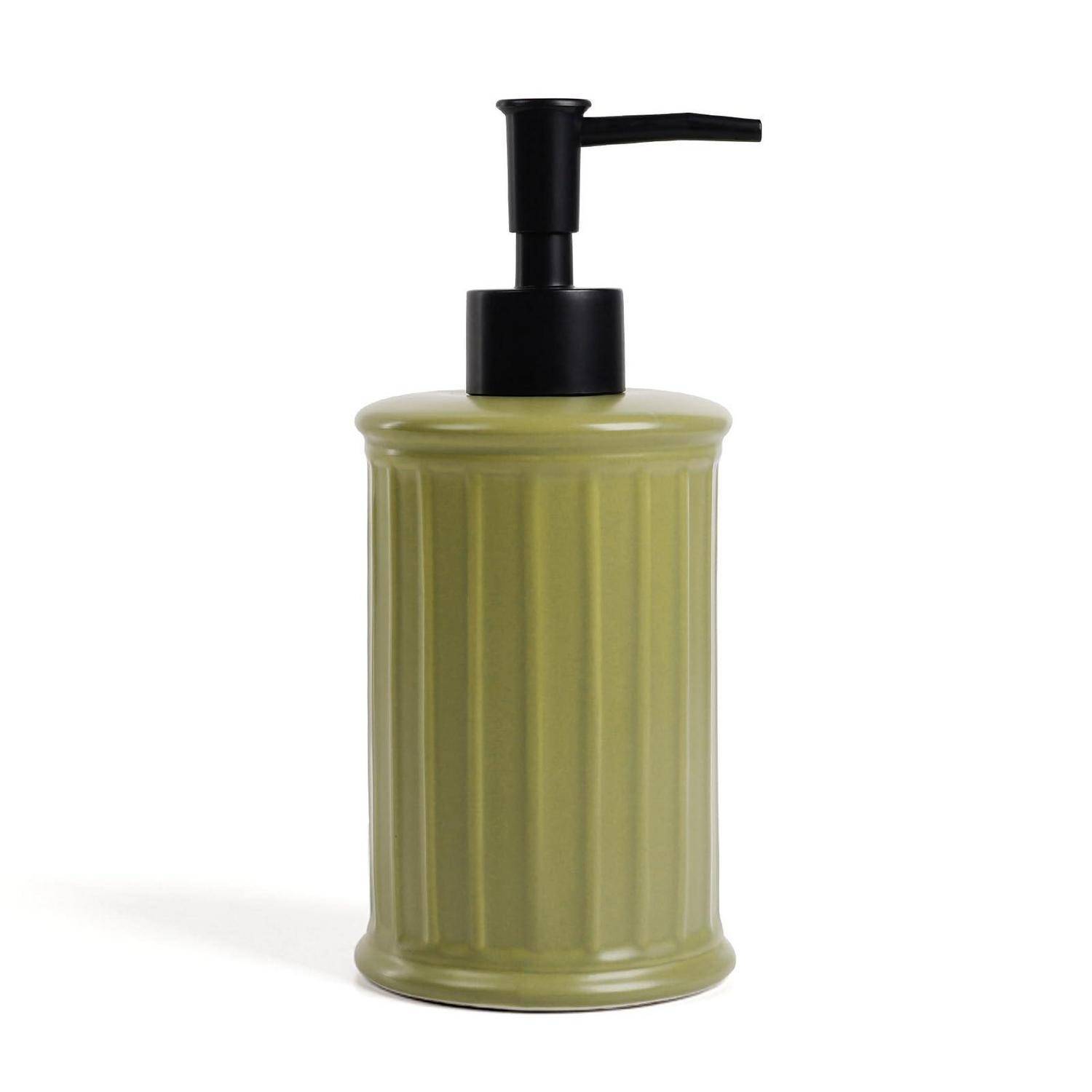 Umlaca Seifenspender Keramik Spülmittelspender, Nachfüllbarer Seifenspender Keramik 350ml, Pumpspender mit Streifenmuster, Soap Dispenser Geeignet