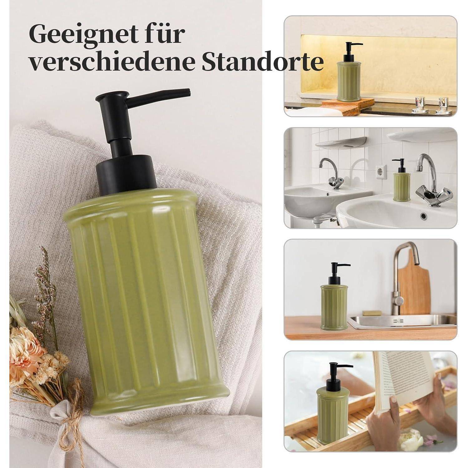 Werbebild eines grünen gerippten Schaumseifenspenders mit der Aufschrift „Geeignet für verschiedene Standorte