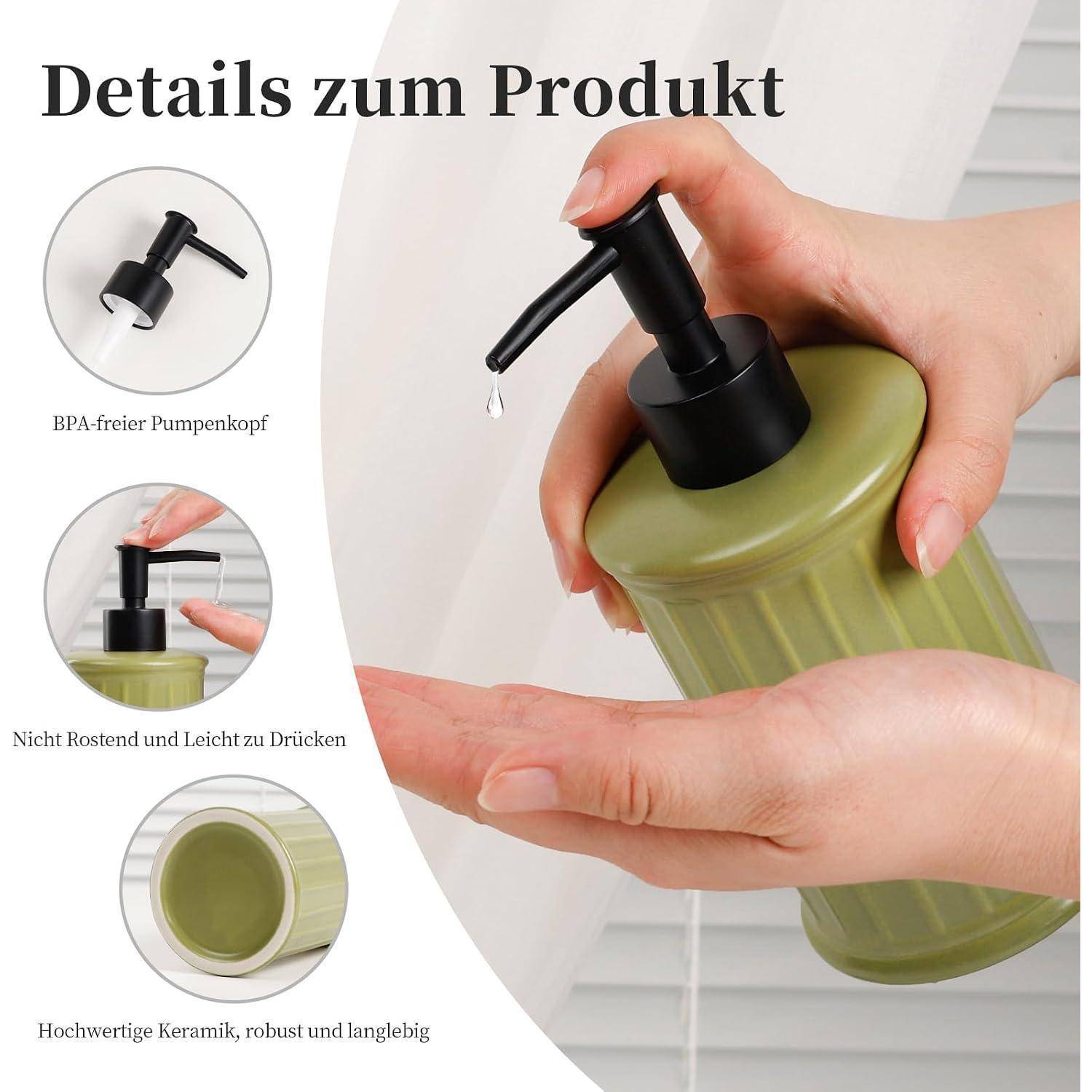 Produktdetail-Grafik zeigt eine Hand, die einen schwarzen Pumpenzerstäuber auf einer olivgrünen Flasche betätigt; eingefügte Beschriftungen heben das BPA-freie Pumpenkopf, Rostbeständigkeit und langlebiges Keramikmaterial hervor.