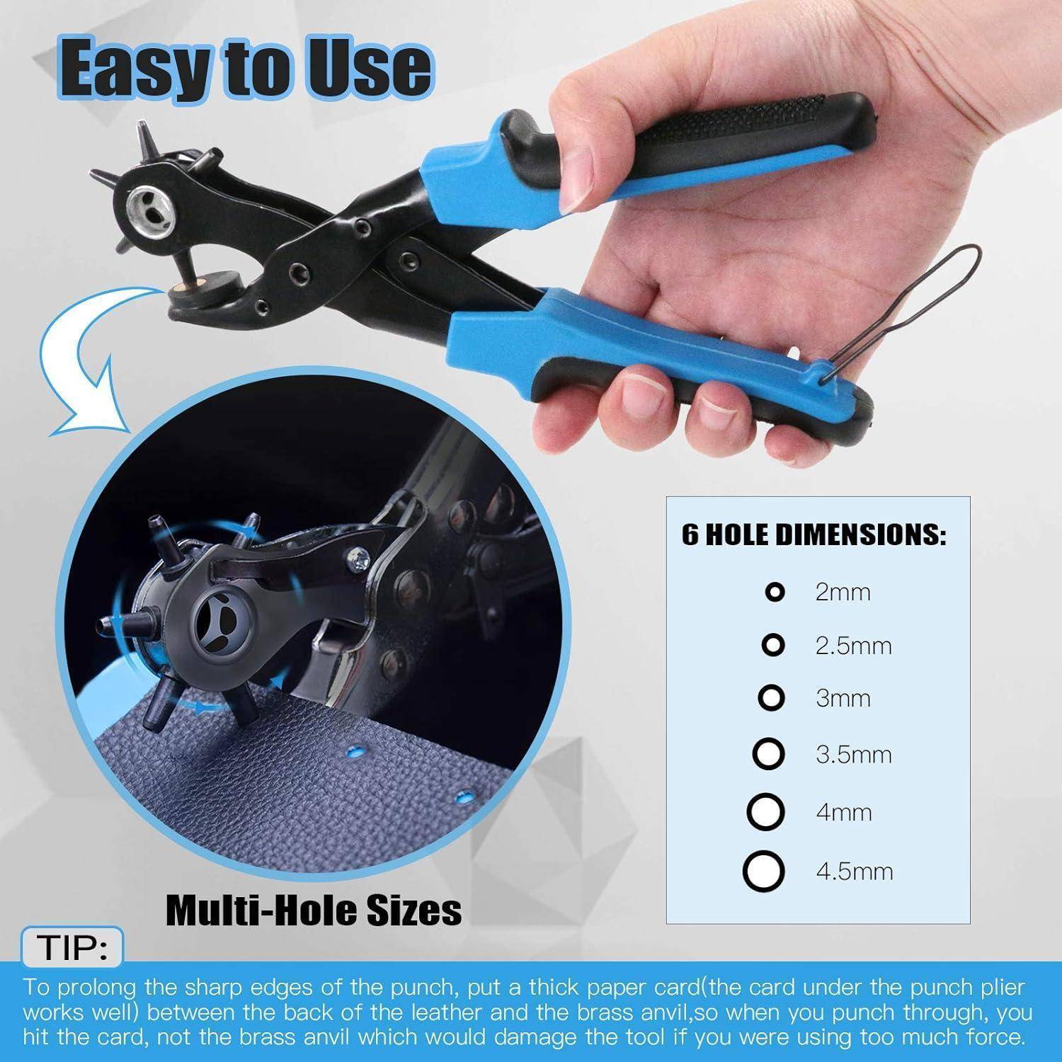 Werbebild einer Hand, die blaue und schwarze Revolverlochzange verwendet, mit Ausschnitt zeigt gelochtes Leder und ein Diagramm von sechs Lochabstufungen von 2mm bis 4,5mm.
