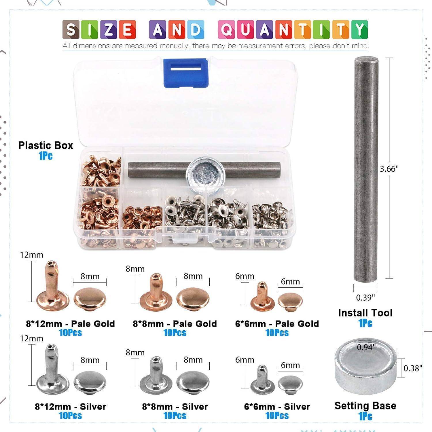 Produktbild eines Kunststoff-Werkzeugkastens mit einem Installationswerkzeug, Einstellbasis und verschiedenen Metallbefestigungselementen in Gold- und Silberfarben in den Größen 8/12 mm, 8 mm und 6 mm.