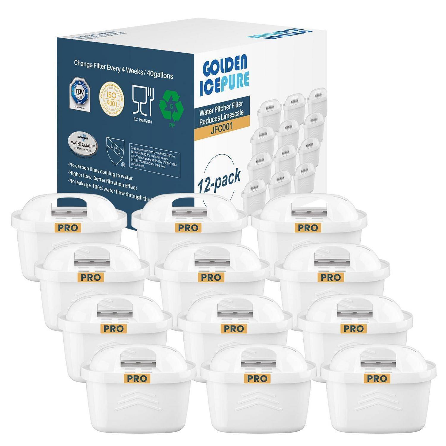 Karton mit Golden Icepure Wasserfilterkrügen, 12er-Pack weiße „PRO