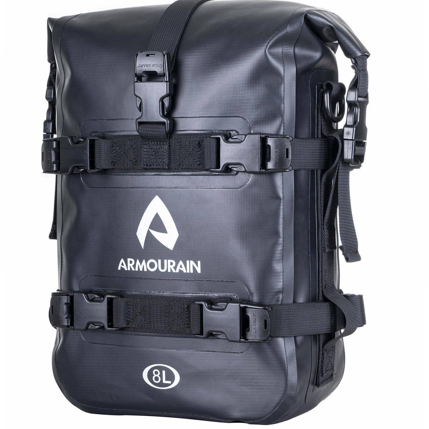 Schwarzer wasserdichter Roll-Top-Rucksack mit vorderen Schnallen, Seitengurten und 