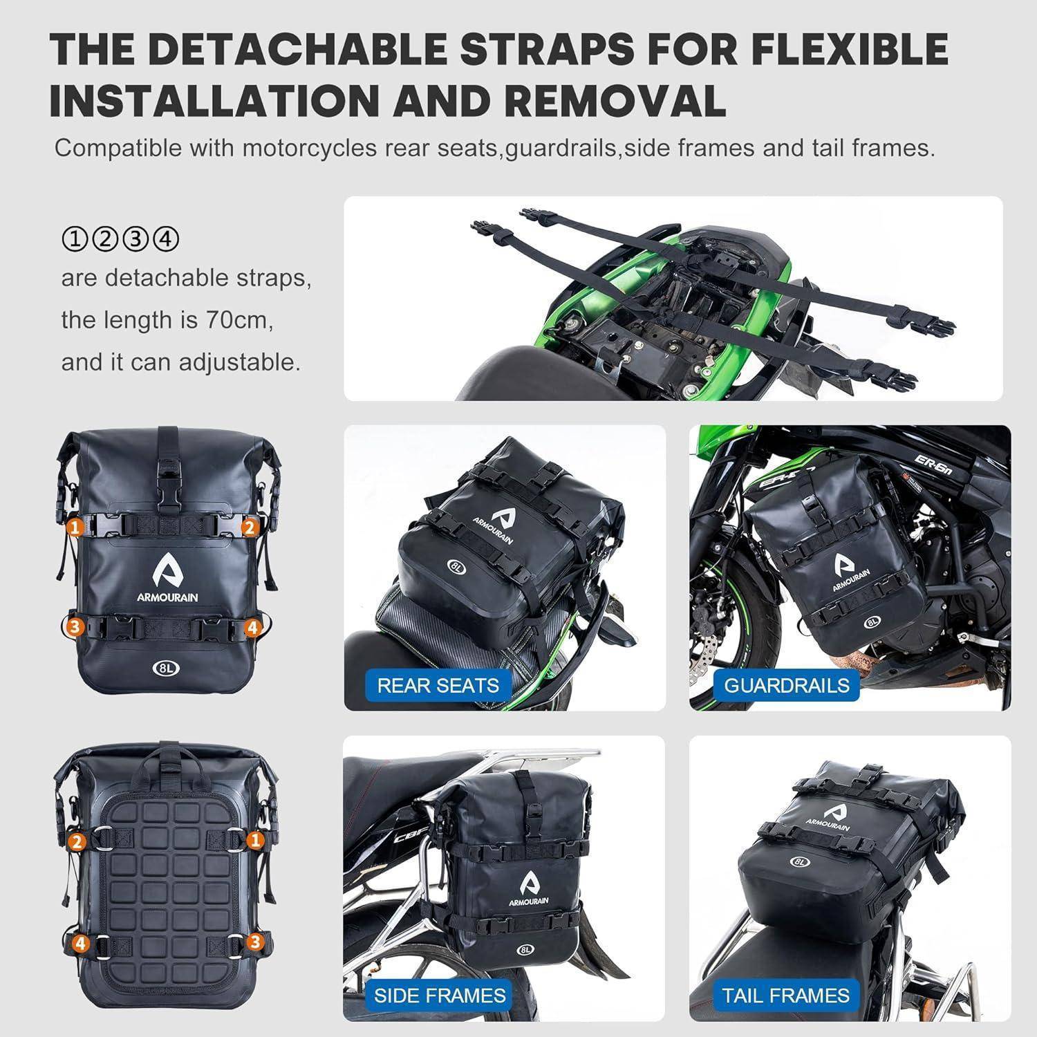 Infografik zeigt abnehmbare Riemen für eine Motorradtasche, kompatibel mit Rücksitzen, Schutzvorrichtungen, Seitenrahmen und Heckrahmen; Riemen sind 70 cm lang und verstellbar.
