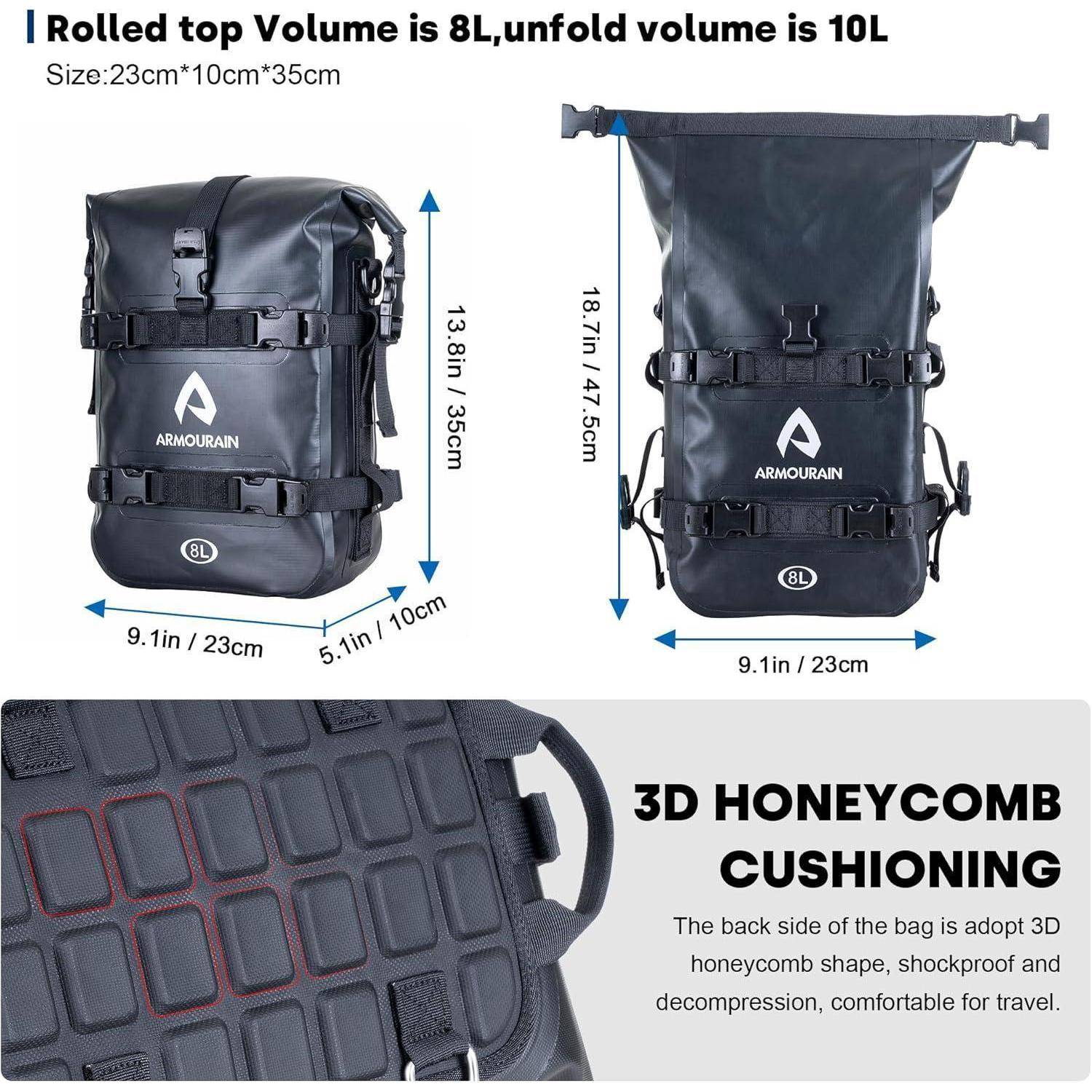 Produktbild zeigt einen schwarzen Rucksack mit Rolltop-Verschluss, 8 Liter gerollt und 10 Liter entfaltet, mit Größenmessungen und 3D-Wabensteppung auf der Rückseite.