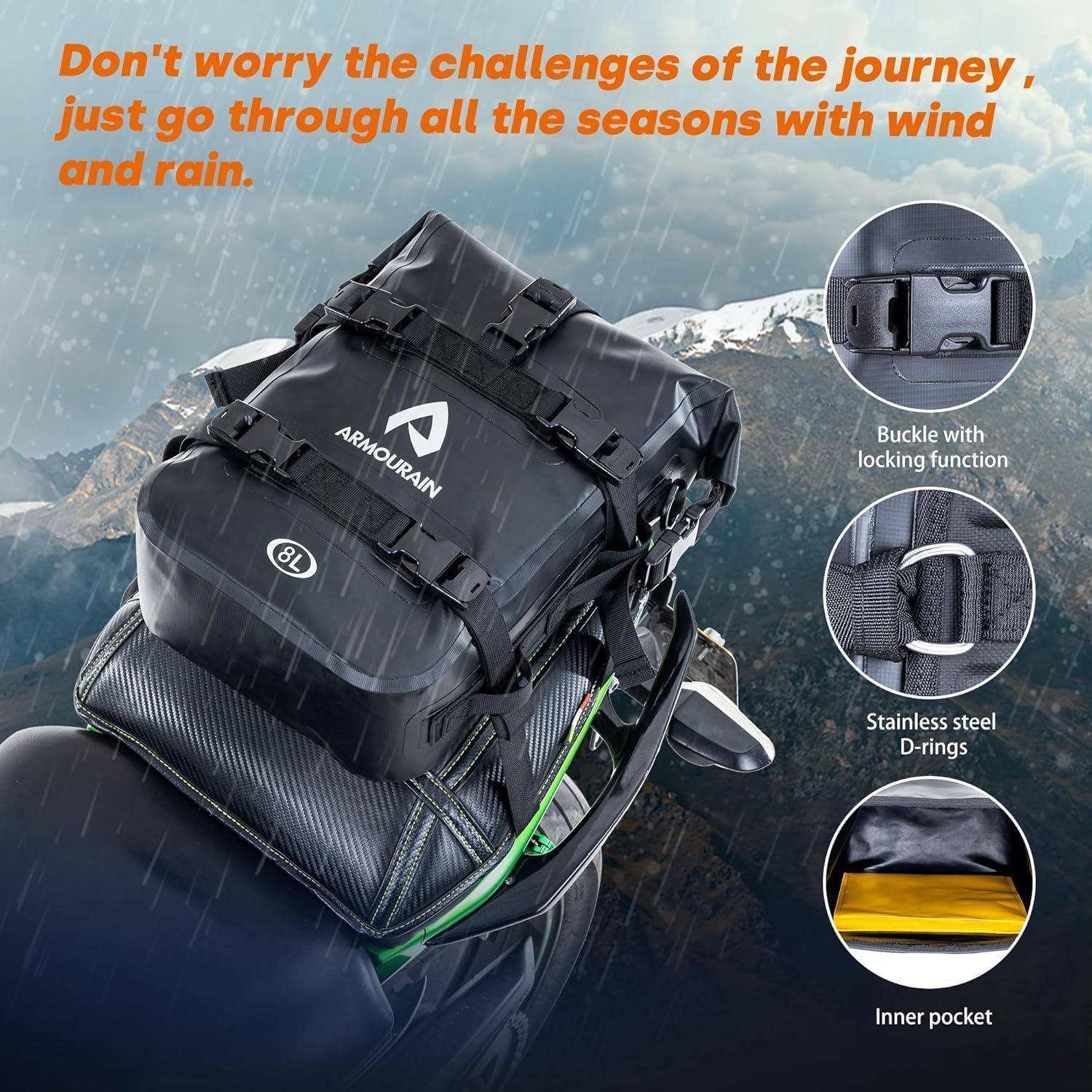 Wasserdichter ARMOURAIN 8L Motorrad-Rucksack im Regen, hervorhebend Verschlusschnalle, Edelstahl-D-Ringe und innere Tasche.