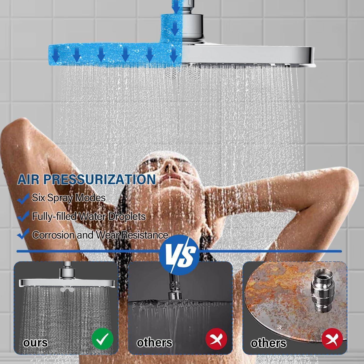 Werbebild eines Duschkopfes, der Wasser auf eine Frau sprüht, mit Hervorhebung von "LUFTDRUCKBEAUFSCHLAGUNG"" mit sechs Sprühmodi, vollständigen Wassertropfen und Korrosions- sowie Verschleißbeständigkeit, verglichen mit anderen Duschköpfen.