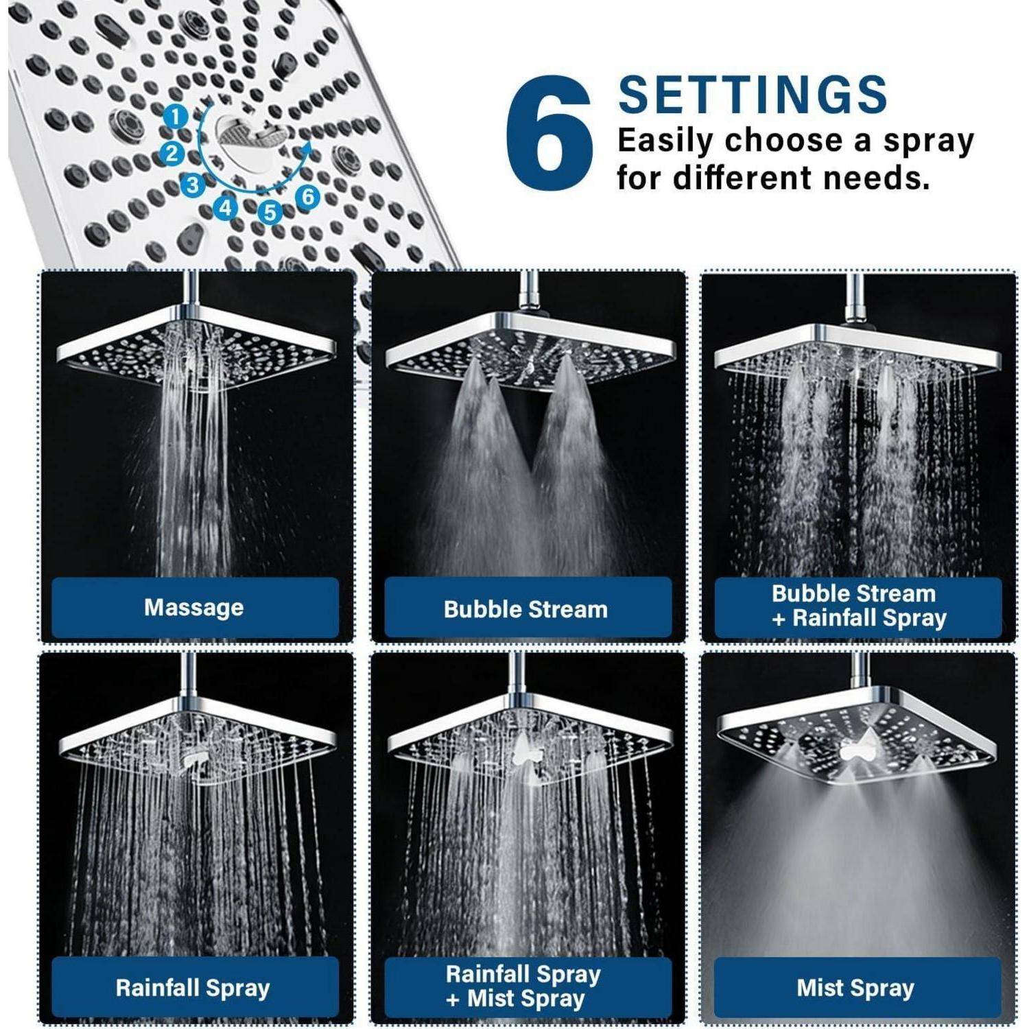 Infografik mit einem Duschkopf mit 6 Sprüheinstellungen: Massage, Bubblestrom, Bubblestrom + Regenfallspray, Regenfallspray, Regenfallspray + Nebelspray und Nebelspray.