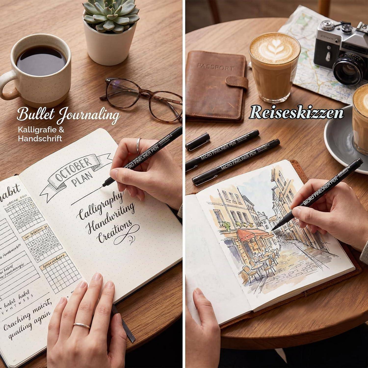 Geteiltes Bild einer Bullet-Journal-Seite mit handgezeichneter Schrift und einem Reise-Skizzenbuch mit einer farbigen Straßenskizze, die an einem Café-Tisch gezeichnet wird.