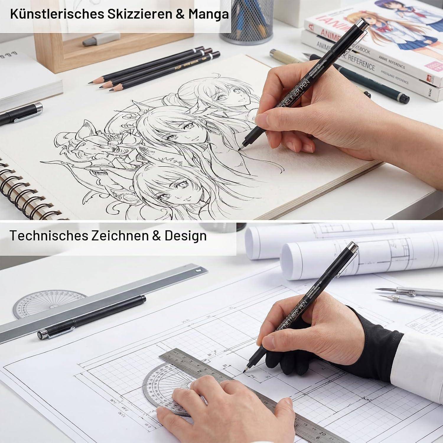 Geteiltes Bild zum Vergleich zwischen dem Skizzieren von Manga mit einem Stift und dem Entwerfen von technischen Designplänen mit Lineal, Zirkel und Blueprint-Gitter.