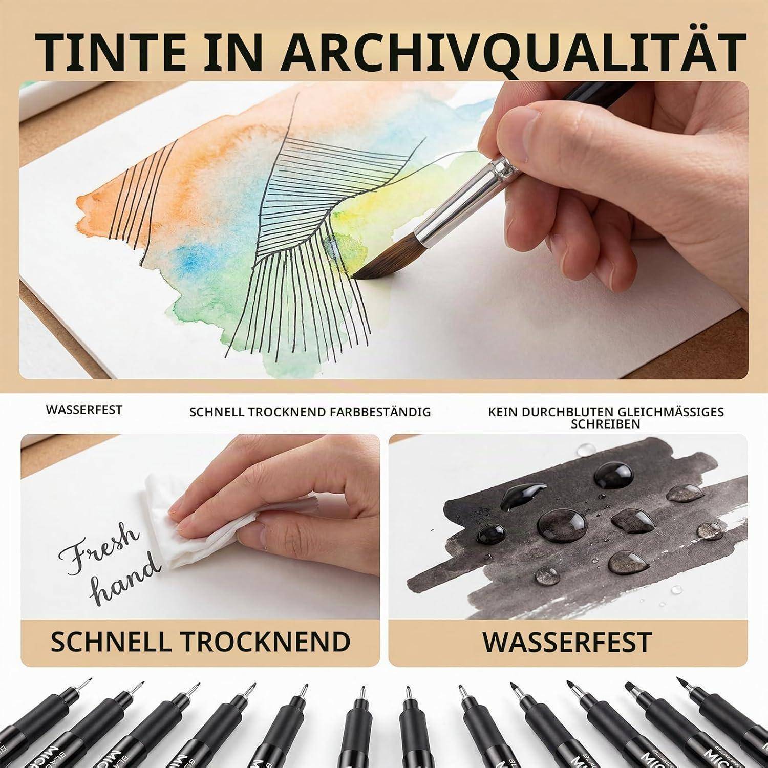 Deutsches Promo-Material zu Tintenstiften für Kunst und Schreiben: Aquarell-Pinselstriche, handgeschriebener Text „frische Hand