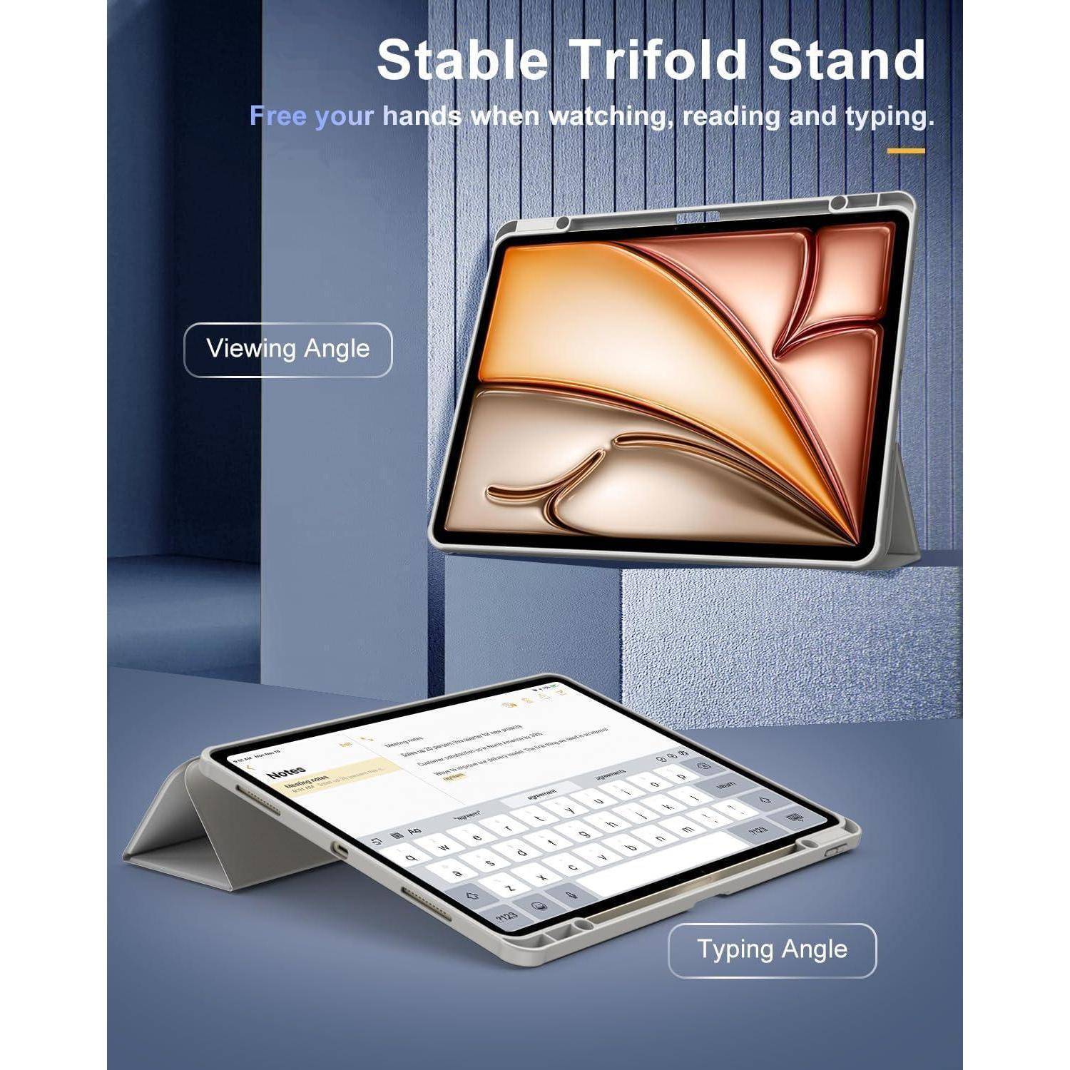 Werbebild eines Tablets im stabilen Dreibein-Ständer-Modus, das Ansichts- und Tippwinkel zeigt, mit dem Text „Stabiler Dreibein-Ständer" und „Befreien Sie Ihre Hände beim Ansehen, Lesen und Tippen."