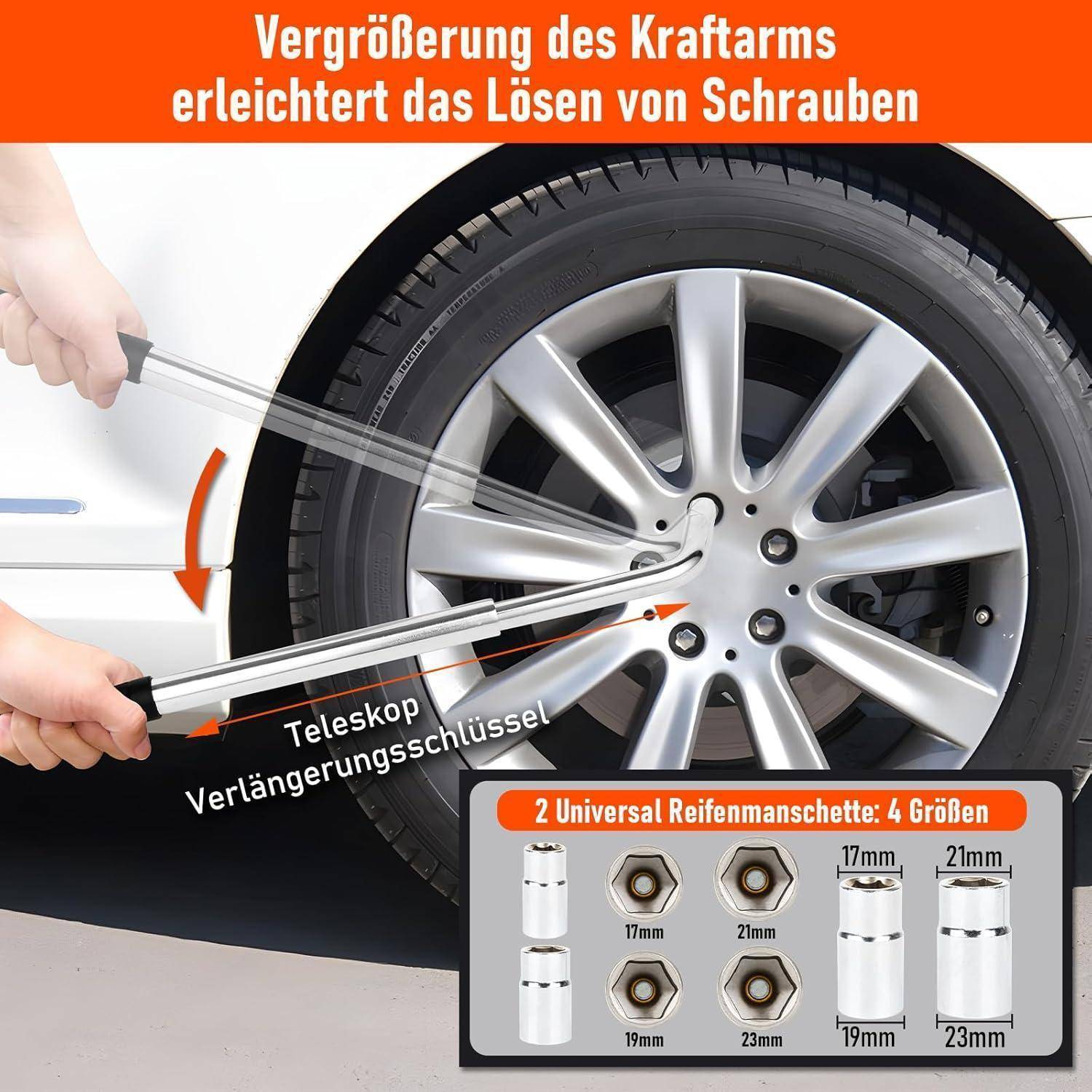 Illustration eines ausziehbaren Radschlüssels, der einen Radbolzen eines Autos lockert und dabei erhöhte Hebelwirkung zeigt; Einsatz listet universelle Steckschlüsselgrößen für 17-, 19-, 21- und 23-mm-Bolzen auf.
