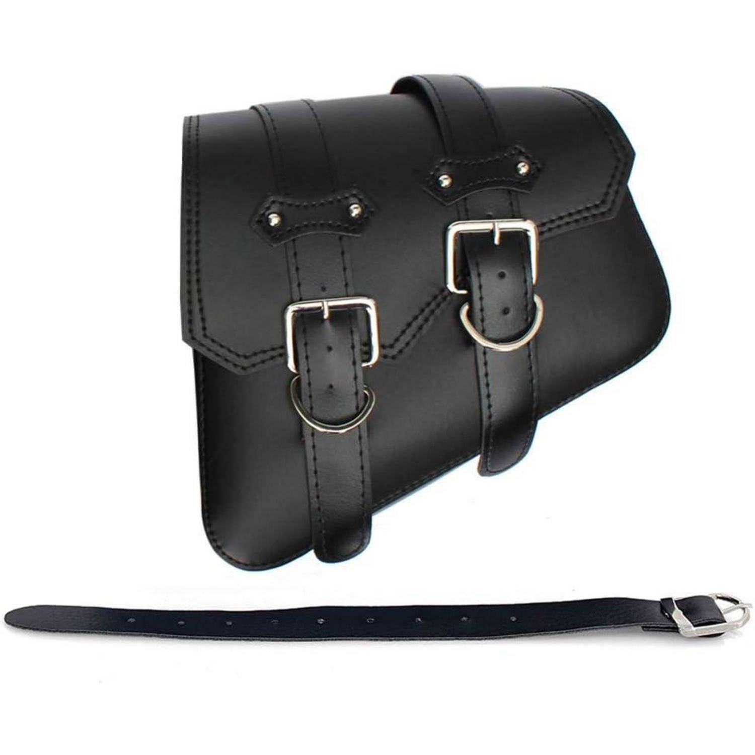 Schwarze Ledermotorrad-Satteltasche mit zwei Schnallengurten und einem passenden langen Riemen wie unten gezeigt.