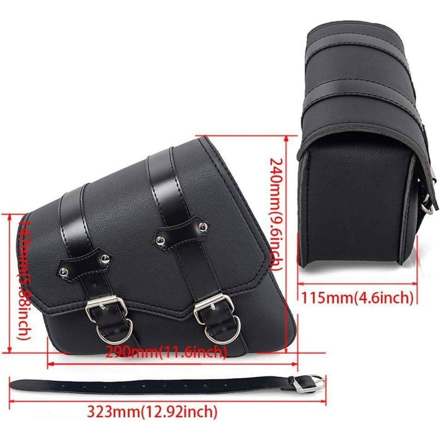Schwarze Motorrad-Satteltasche, von der Seite und von vorne dargestellt, mit beschrifteten Abmessungen: 290 mm breit, 240 mm hoch, 115 mm tief, Riemen 323 mm lang.