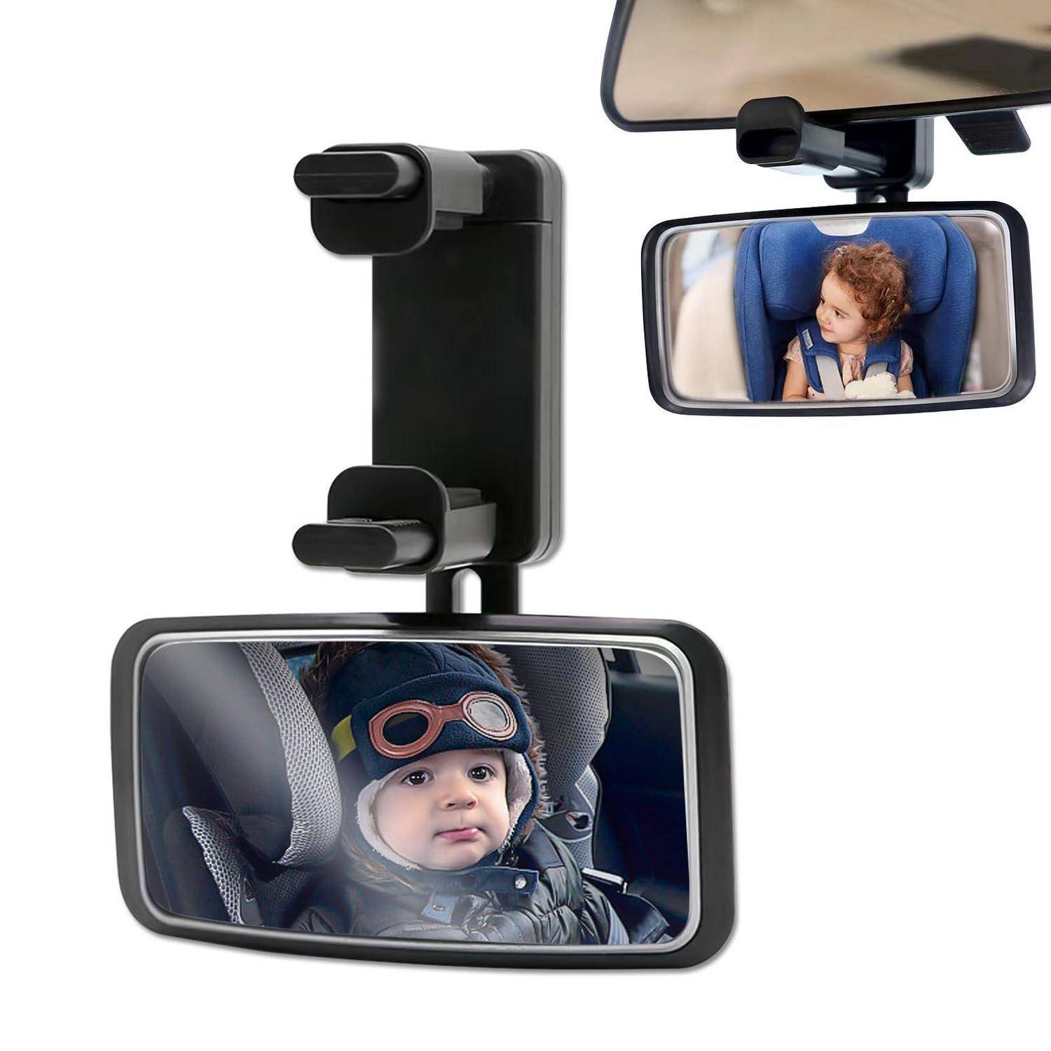 Autokopfstützenspiegel, der ein rückwärts gerichtetes Baby in einem Kindersitz zeigt, mit einem kleineren Spiegel oben, der ein Kleinkind auf dem Rücksitz reflektiert.