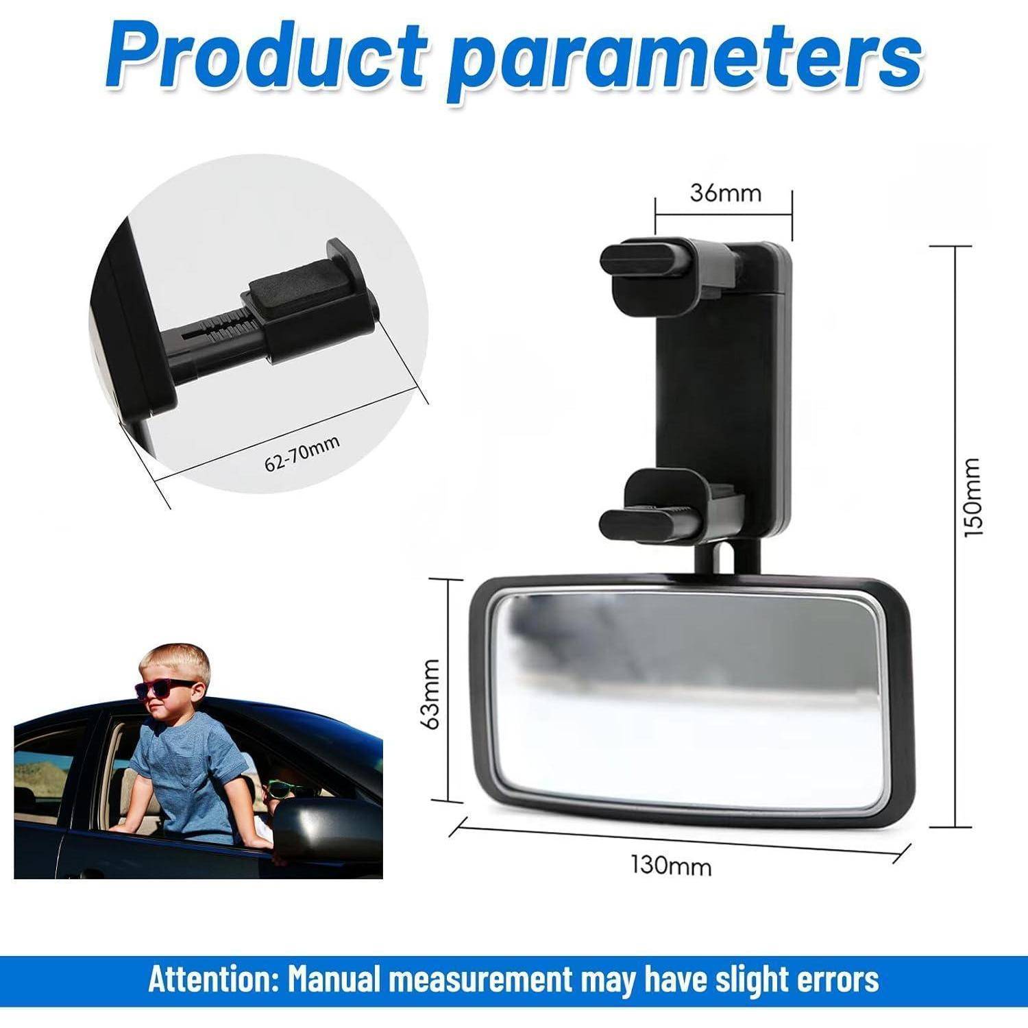 Produktparameter für ein Rückspiegelzubehör für Autos mit den Abmessungen 130 mm Breite, 150 mm Höhe, 63 mm Spiegelhöhe, 36 mm Montagebreite und 62-70 mm Spannbereich, plus ein Nutzungsfoto in einem Autofenster.
