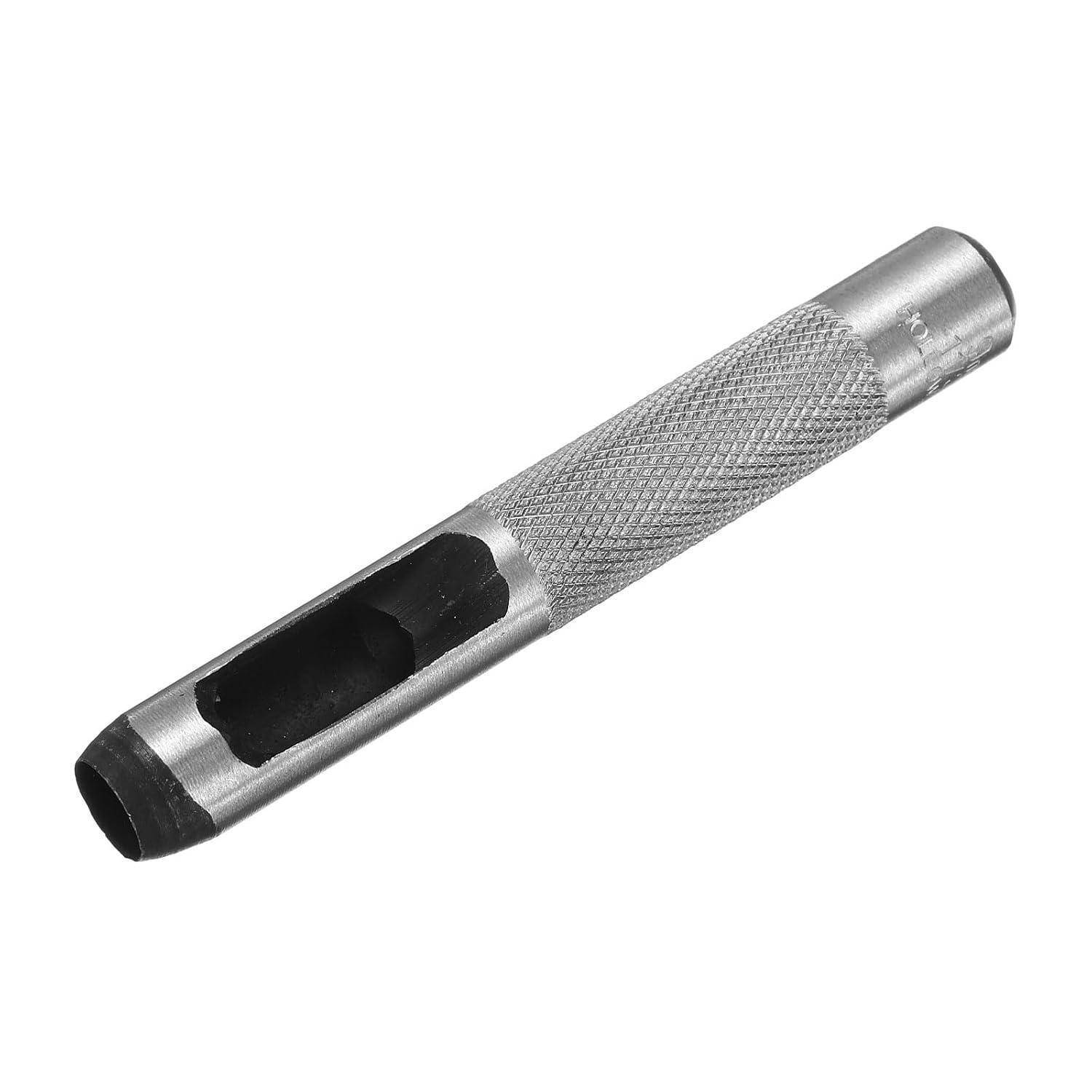 Metallischer Handlochzange mit strukturiertem Griff und Seitenfenster, verwendet zum Lochen von Leder oder ähnlichem Material.