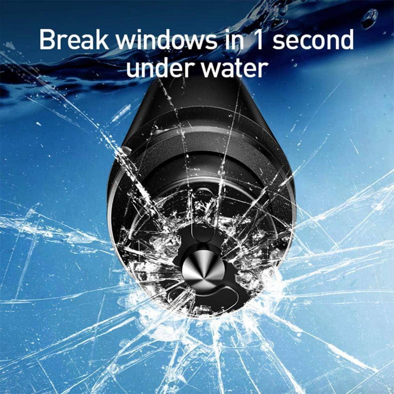 Ein schwarzes Fensterbrecher-Werkzeug zerschlägt Glas unter Wasser, mit dem Text „Fenster unter Wasser in 1 Sekunde durchbrechen" oben angezeigt.
