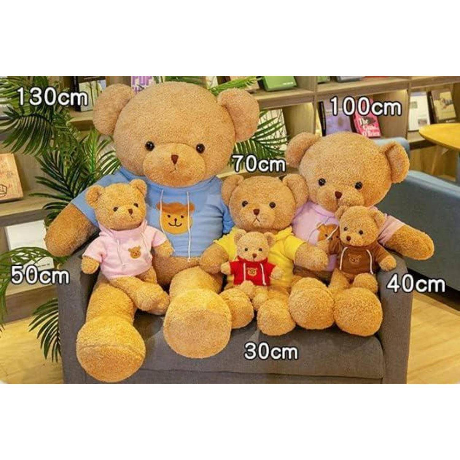 Sortierte Plüschteddy-Bären in verschiedenen Größen auf einem Sofa, gekennzeichnet mit 30cm, 40cm, 50cm, 70cm, 100cm und 130cm.