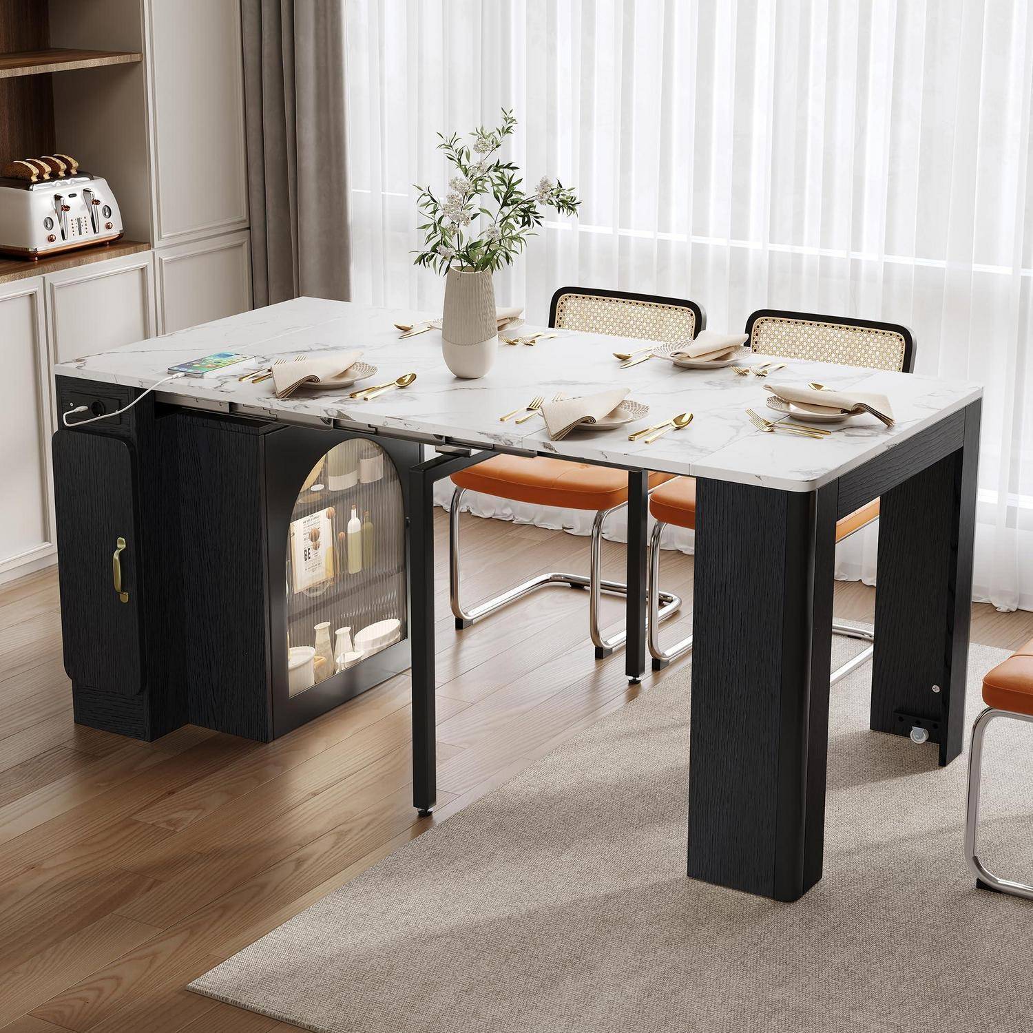 Bartisch Kücheninsel Höhe 77 cm mit Ausziehbarer Esstisch und Rollen, Küchenschrank Sideboard mit Stauraum, Buffetschrank Bistrotisch Barschrank