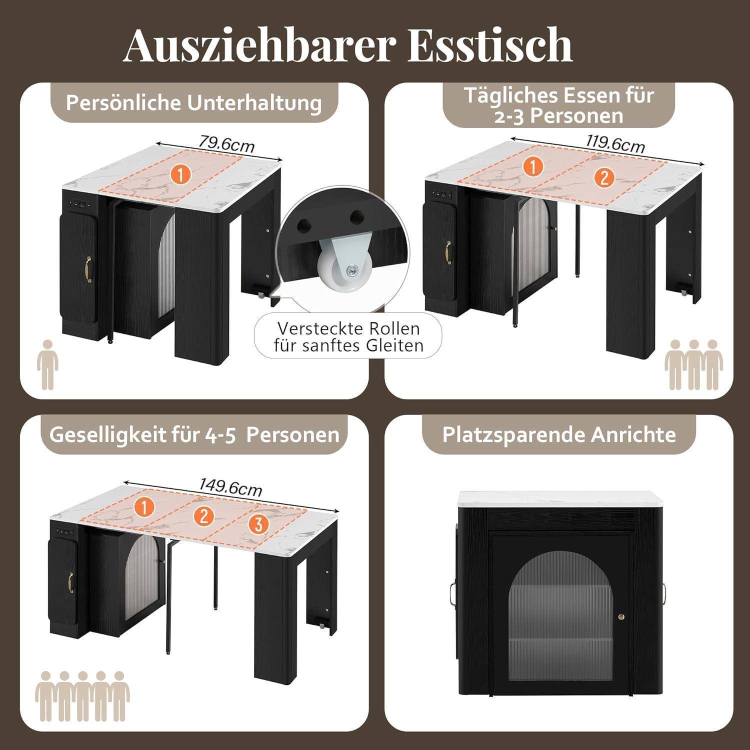 Bartisch Kücheninsel Höhe 77 cm mit Ausziehbarer Esstisch und Rollen, Küchenschrank Sideboard mit Stauraum, Buffetschrank Bistrotisch Barschrank