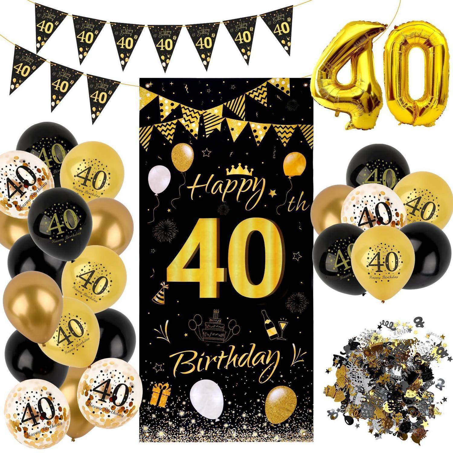 Schwarz- und goldenes Dekorationsset für 40. Geburtstagsfest mit „Happy 40th Birthday