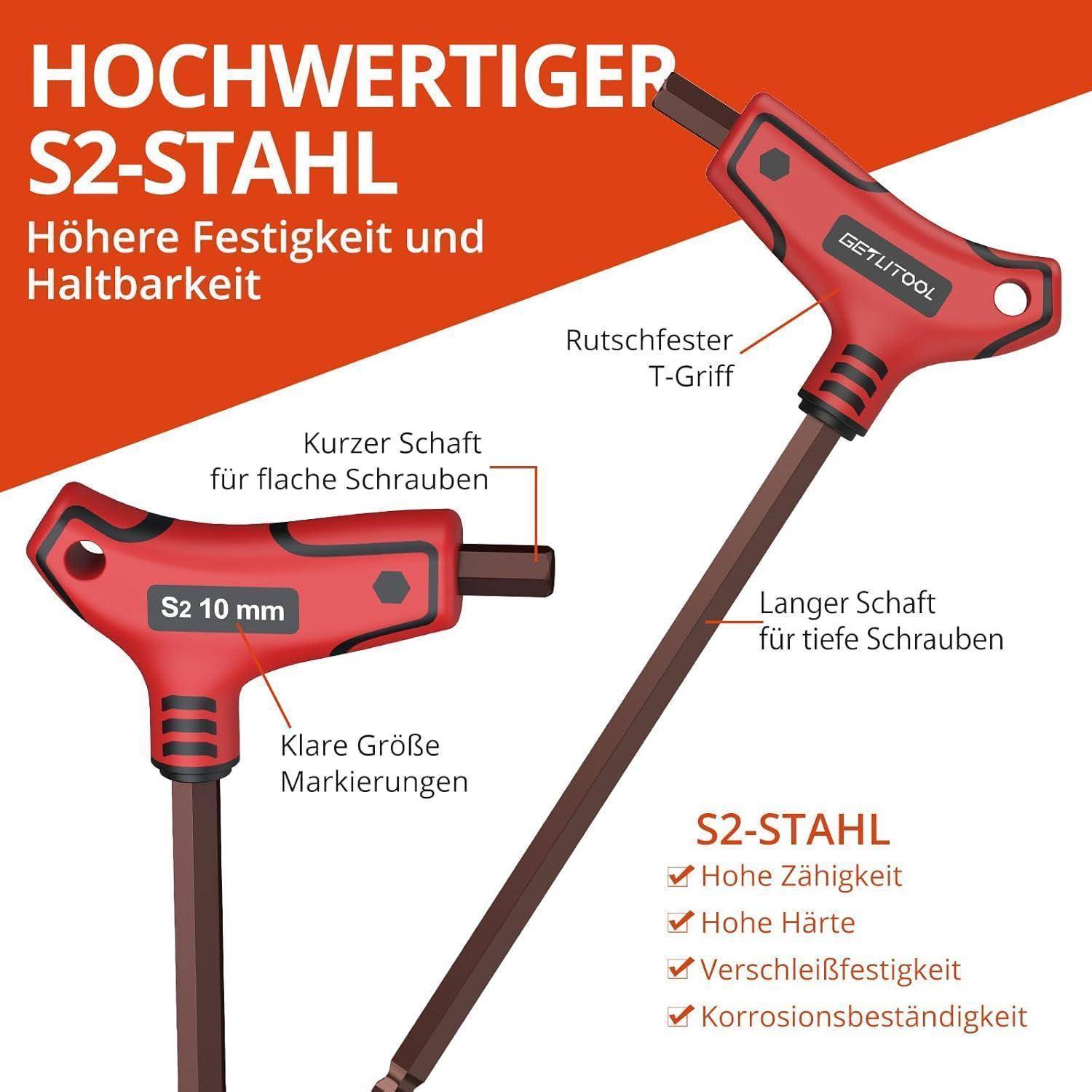 GETLIOTOOL T-Griff schlüssel-Satz, 9tlg Metrisch T-Griff Schraubendreher Set, S2-Stahl hohe Zähigkeit & Härte, Innensechskantschlüssel Kugelkopf