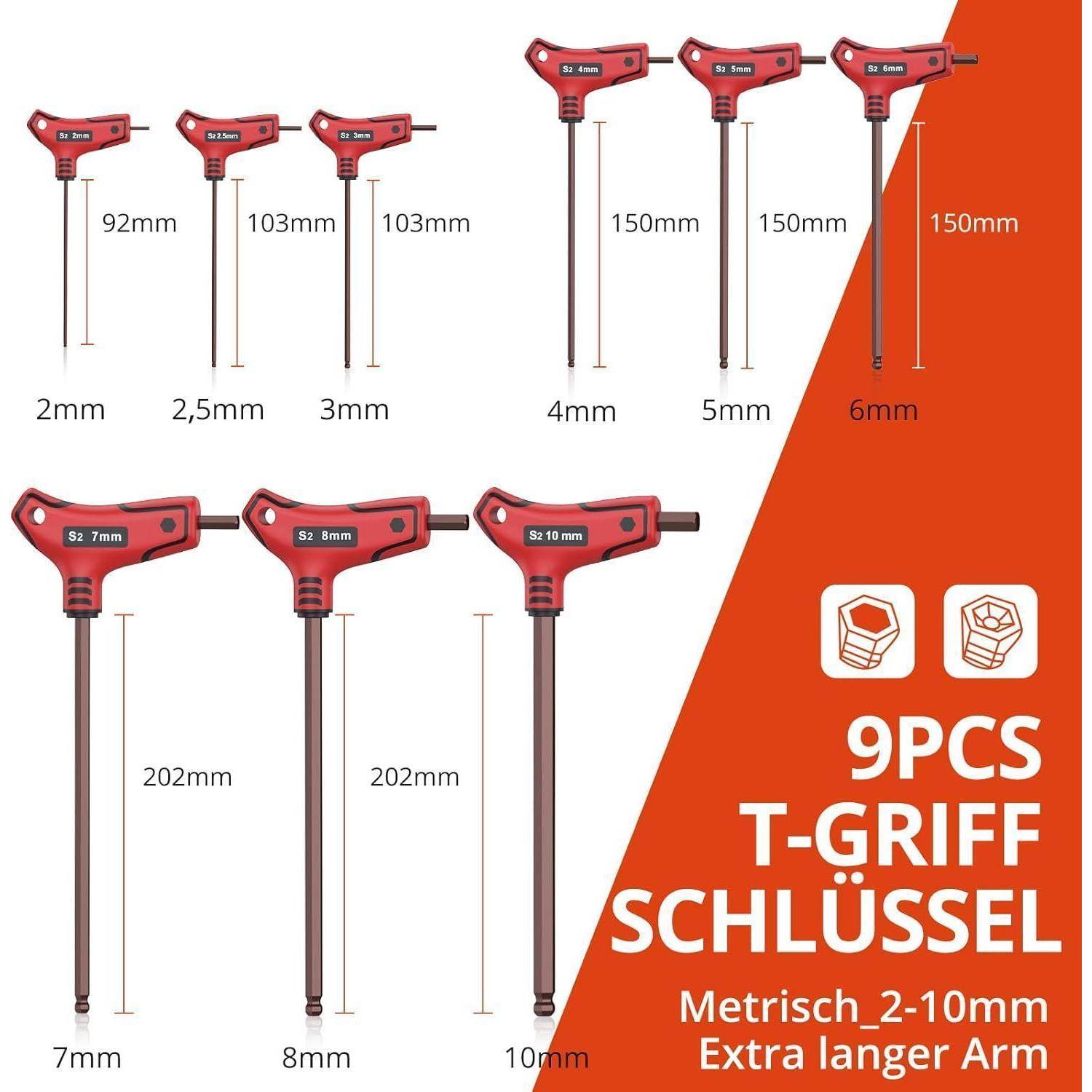Produktgrafik zeigt 9 rote T-Griff-Sechskantschlüssel in metrischen Größen 2-10 mm, mit aufgelisteten Armlängen von 92 mm bis 202 mm und Text '9er SET T-GRIFF SCHLÜSSEL'.