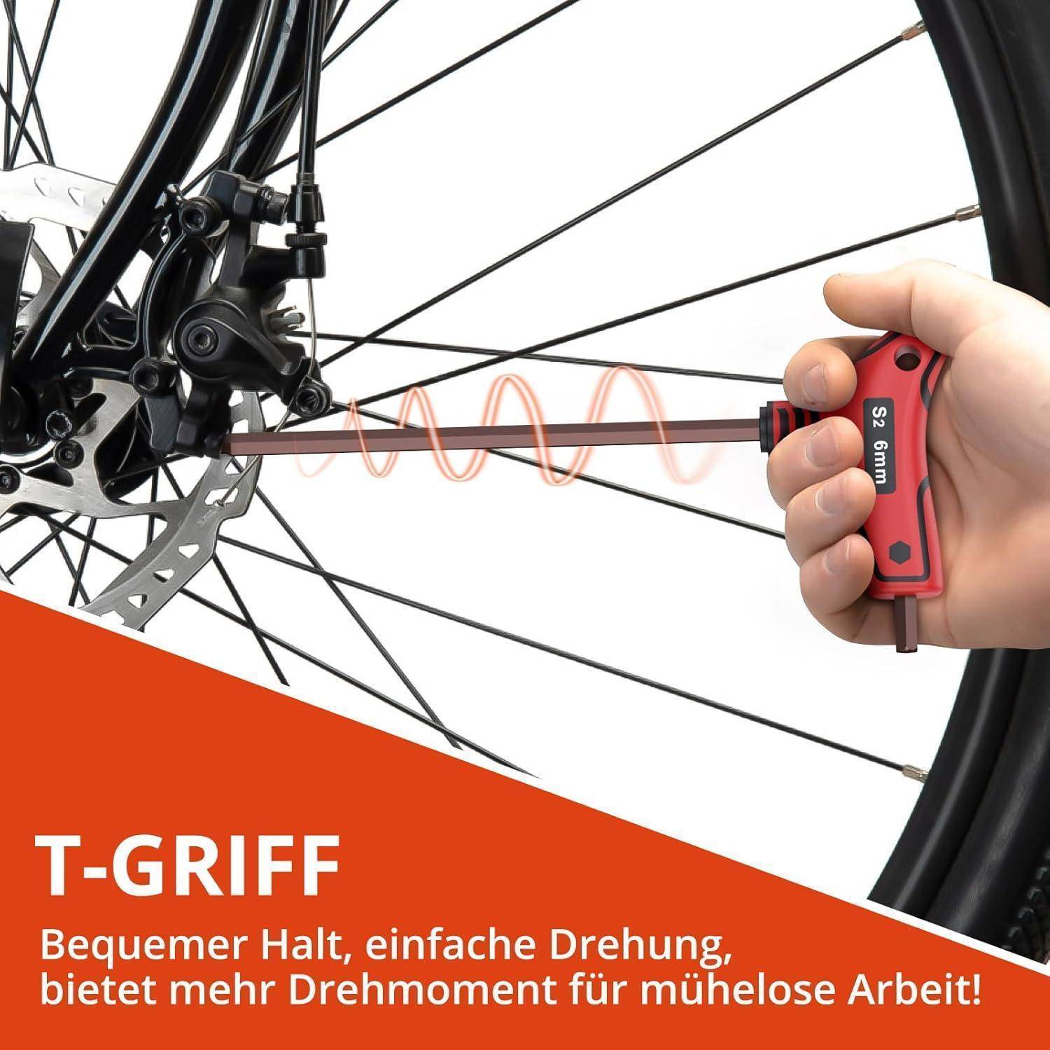 Hand, die einen T-Griff-Sechskantschlüssel verwendet, um eine Fahrradradkomponente festzuziehen; Text lautet „T-GRIFF