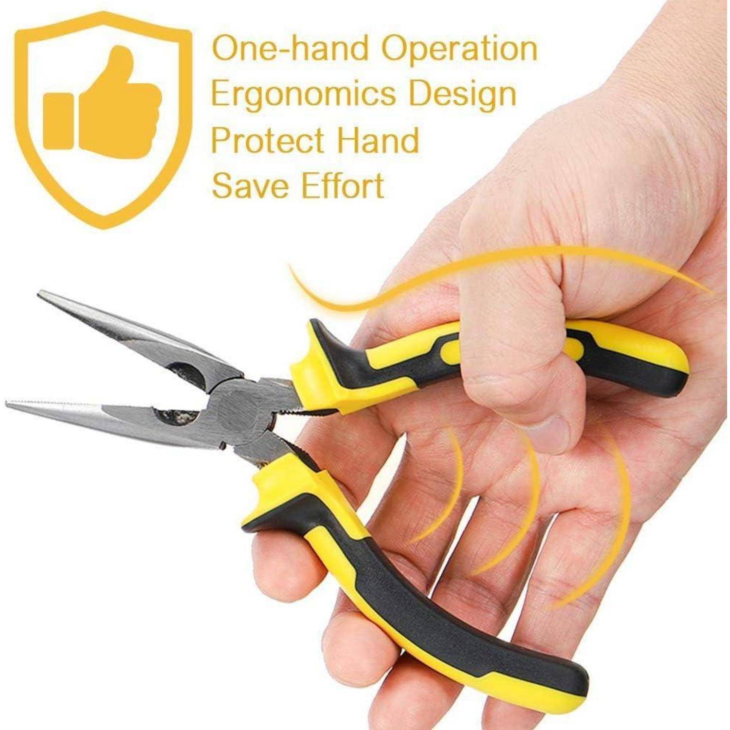 Hand hält gelb-schwarze ergonomische Zange; Text besagt „Einhandbetrieb Ergonomisches Design Handschutz Kraftersparnis" und ein Schild-/Daumen-Symbol unterstreicht die Sicherheit.