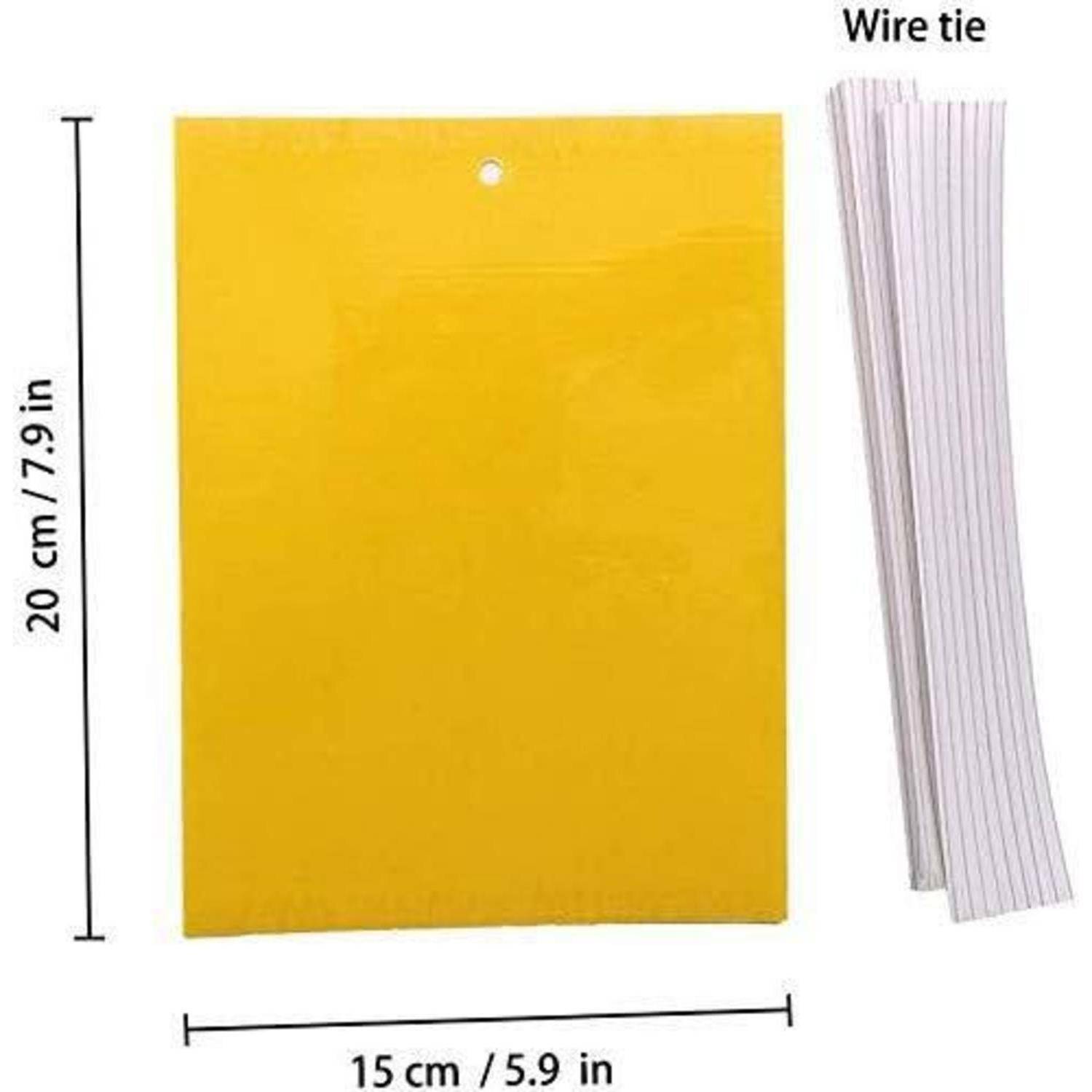 Gelbes rechteckiges Hängeschild mit einem Loch oben, gezeigt mit den Maßen 20 cm mal 15 cm und einer weißen Drahtklemme daneben.