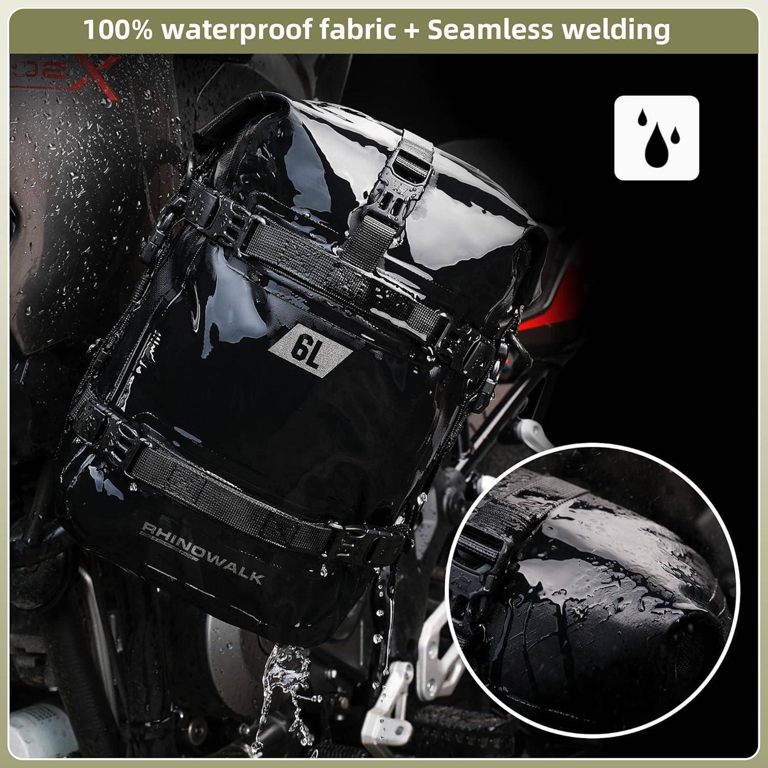 Schwarzer wasserdichter Fahrradrucksack mit Wasserperlenbildung; die Einzoomung zeigt Nahtdetails. Text liest sich „100% wasserdichtes Gewebe + Nahtloses Verschweißen".