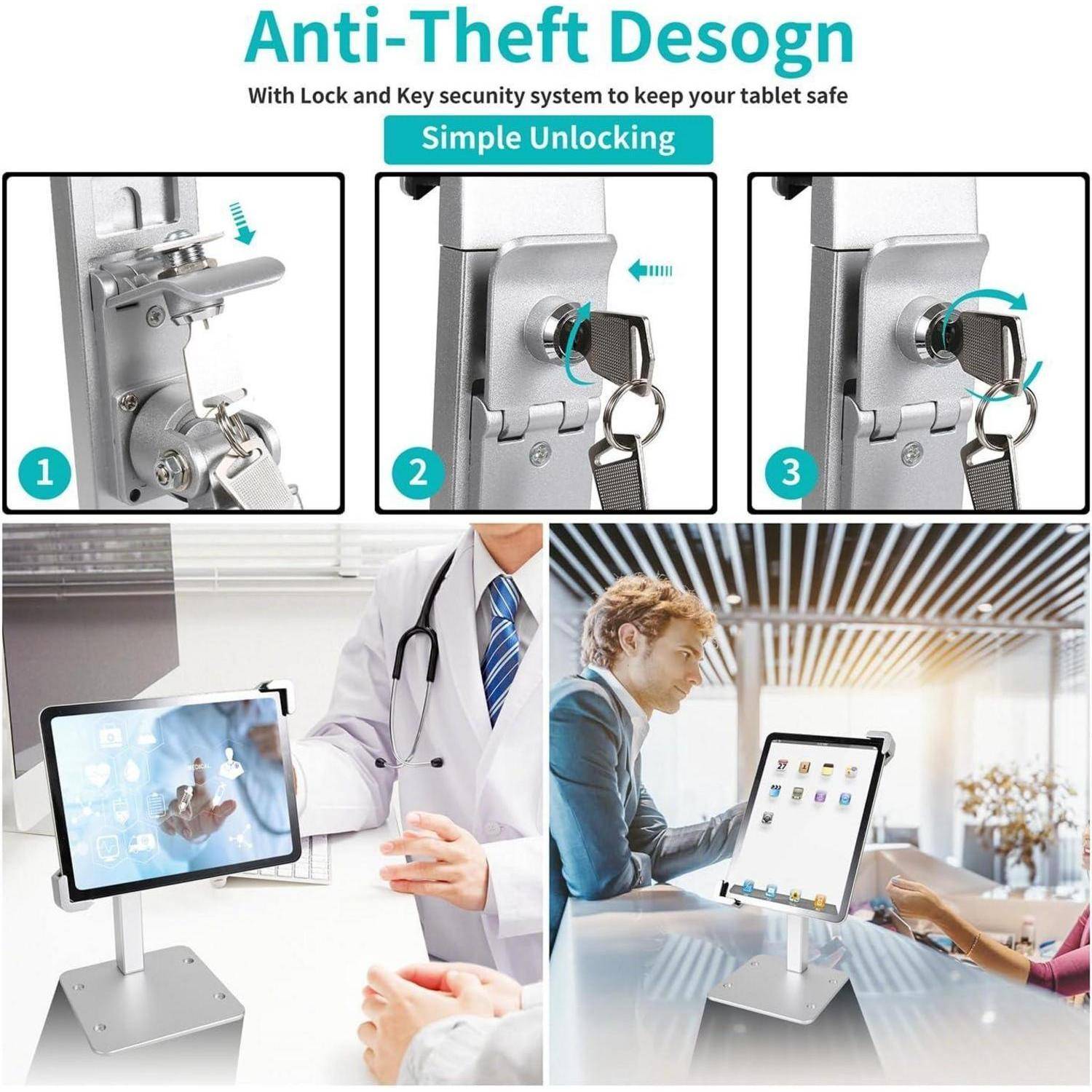 Werbegrafik, die einen diebstahlsicheren Tablet-Ständer mit Schloss-und-Schlüssel-Sicherheit und einfachen Entsperrungsschritten zeigt, sowie Fotos des Ständers, die in einer medizinischen Umgebung und bei einem Geschäftstreffen verwendet werden.
