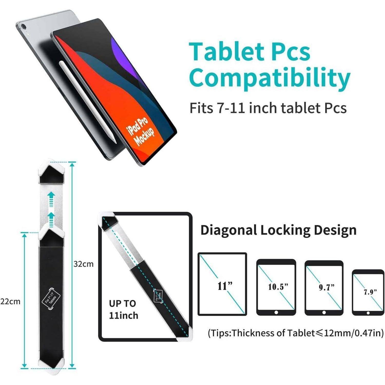 Infografik zur Tablet-PC-Kompatibilität für 7 bis 11 Zoll Tablets mit diagonalem Verriegelungsdesign und Größenbereichsbeispielen von 7,9 bis 11 Zoll.