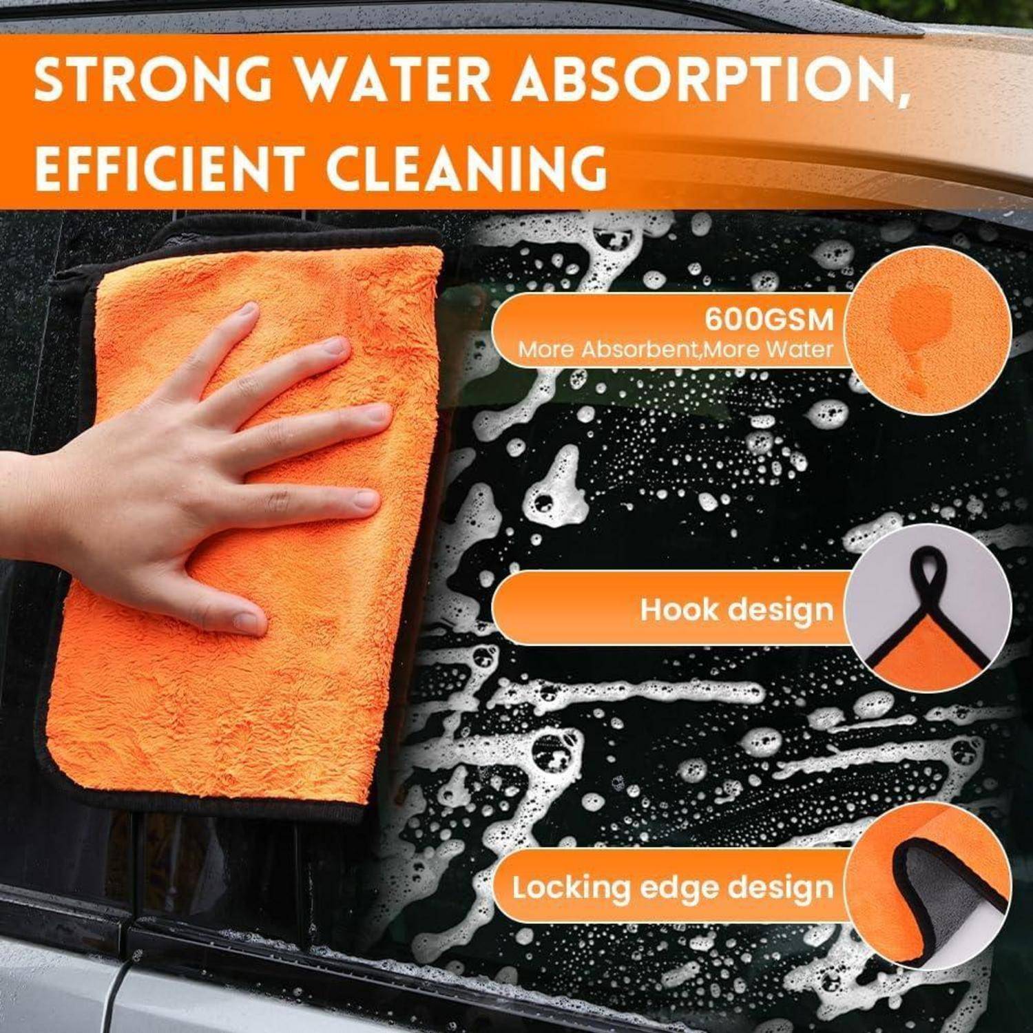 Hand hält ein orangefarbenes Microfaser-Reinigungstuch auf einer nassen schwarzen Oberfläche, mit Text, der starke Wassersaugfähigkeit, 600 GSM, Hook-Design und Sperrkantendesign bewirbt.