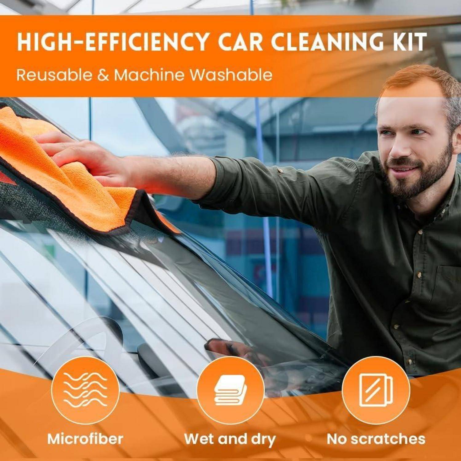 Werbung für ein hocheffizientes Auto-Reinigungsset: Ein Mann wischt eine Autoscheibe mit einem orangefarbenen Mikrofasertuch ab; behauptet wiederverwendbar, maschinenwaschbar, nass und trocken anwendbar und kratzerfeischfrei.