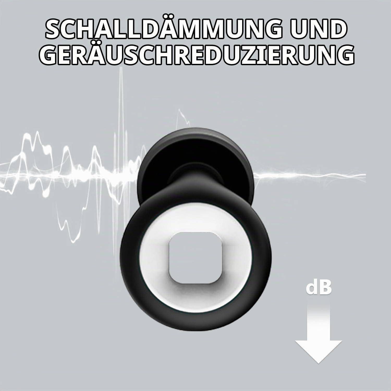 Grafik über Schalldämmung und Lärmminderung, die einen Lautsprecher mit Schallwellen und einen Pfeil nach unten mit der Beschriftung 