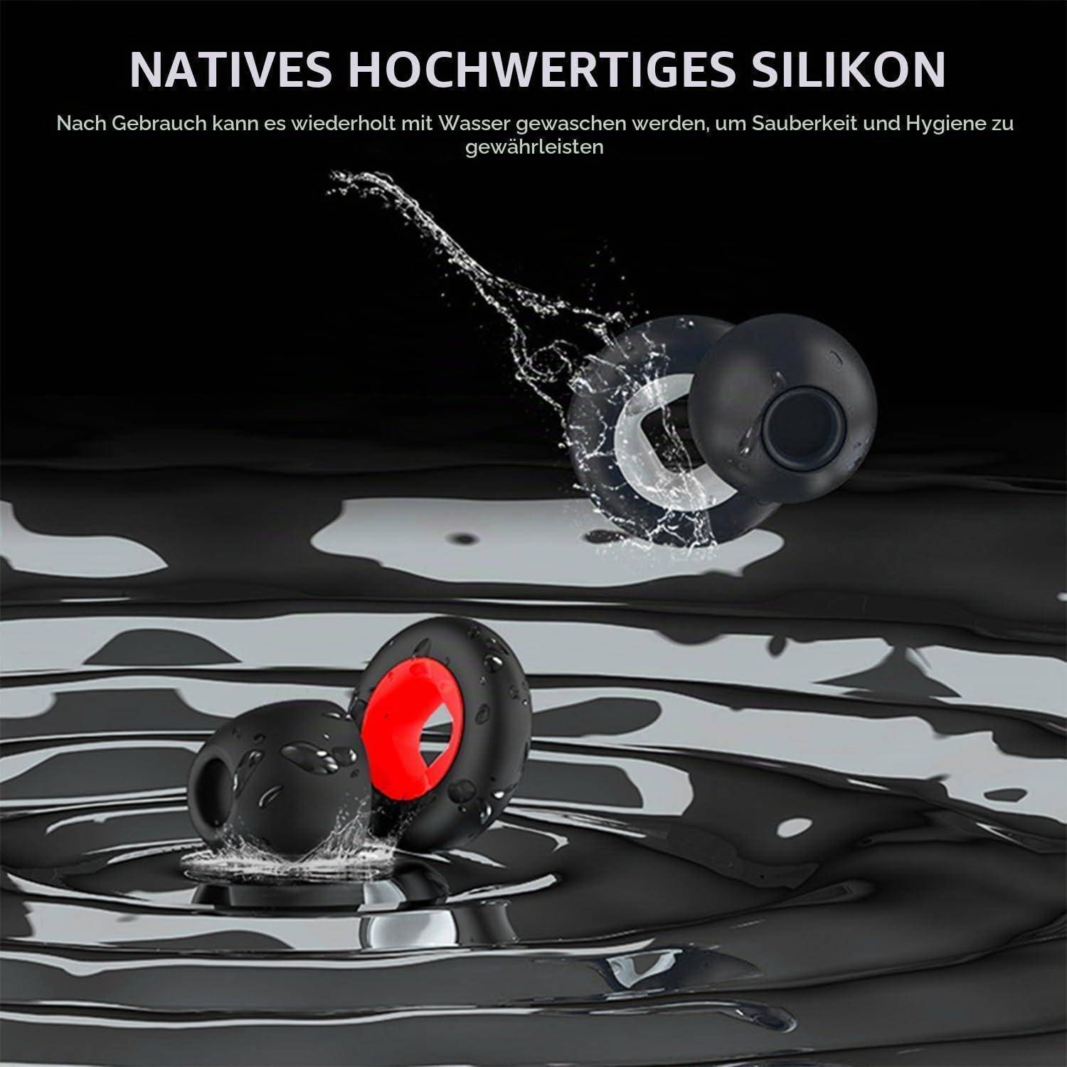 Anzeigenbild mit schwarzen Silikon-Ohrhörern, die mit Wasser bespritzt sind, und wirbt für „NATIVES HOCHWERTIGES SILIKON