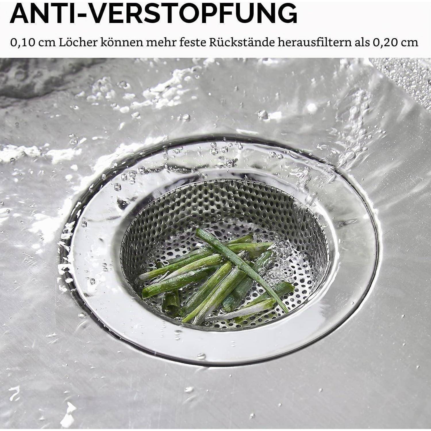 Küchenspülensieb mit der Aufschrift „ANTI-VERSTOPFUNG