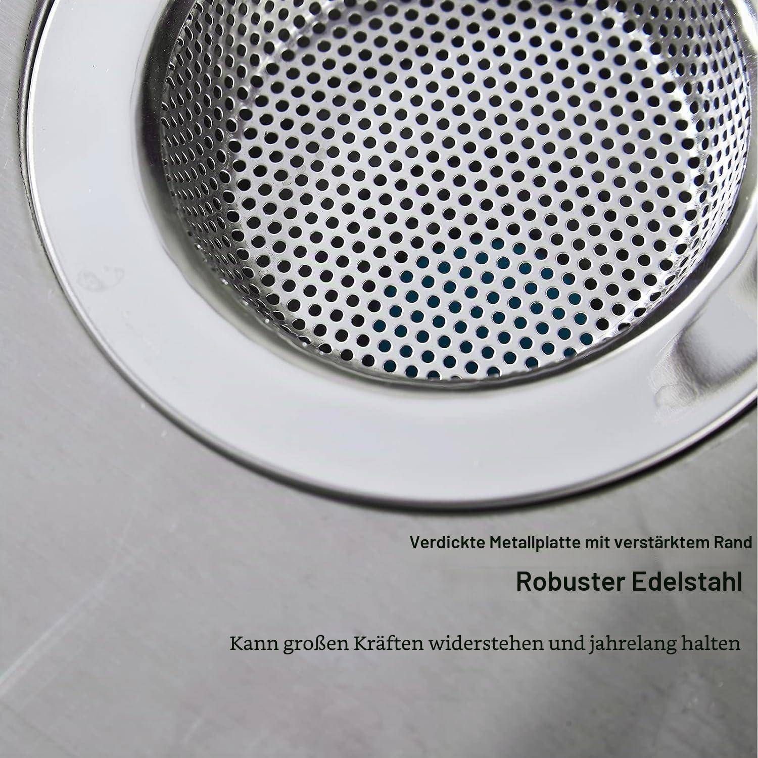 Nahaufnahme eines Edelstahlprodukts mit einer perforierten Metallplatte und verstärktem Rand, gekennzeichnet auf Deutsch als „Robuster Edelstahl