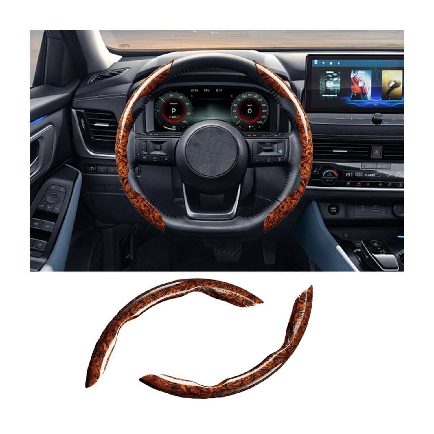 Autoinnenraum mit einem Lenkrad, das mit einer braunen Holzmaserung-Abdeckung umwickelt ist, plus eine separate Nahaufnahme, die die passenden Abdeckungsteile auf weißem Hintergrund zeigt.
