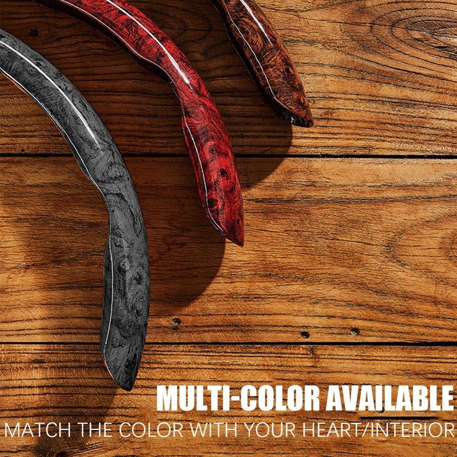 Drei geschwungene dekorative Griffe in Schwarz, Rot und Braun auf Holzmaserung Hintergrund mit Text 'MULTI-COLOR AVAILABLE' und 'MATCH THE COLOR WITH YOUR HEART/INTERIOR'.