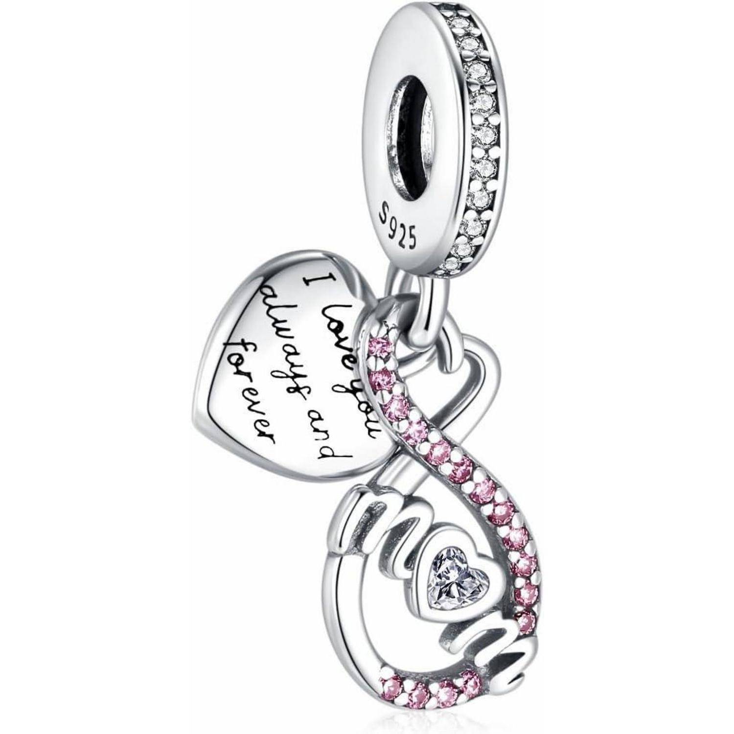 Silberner Charm mit rosa und klaren Steinen, mit Herz- und Unendlichkeitsformen und graviertem Text „I love you always and forever
