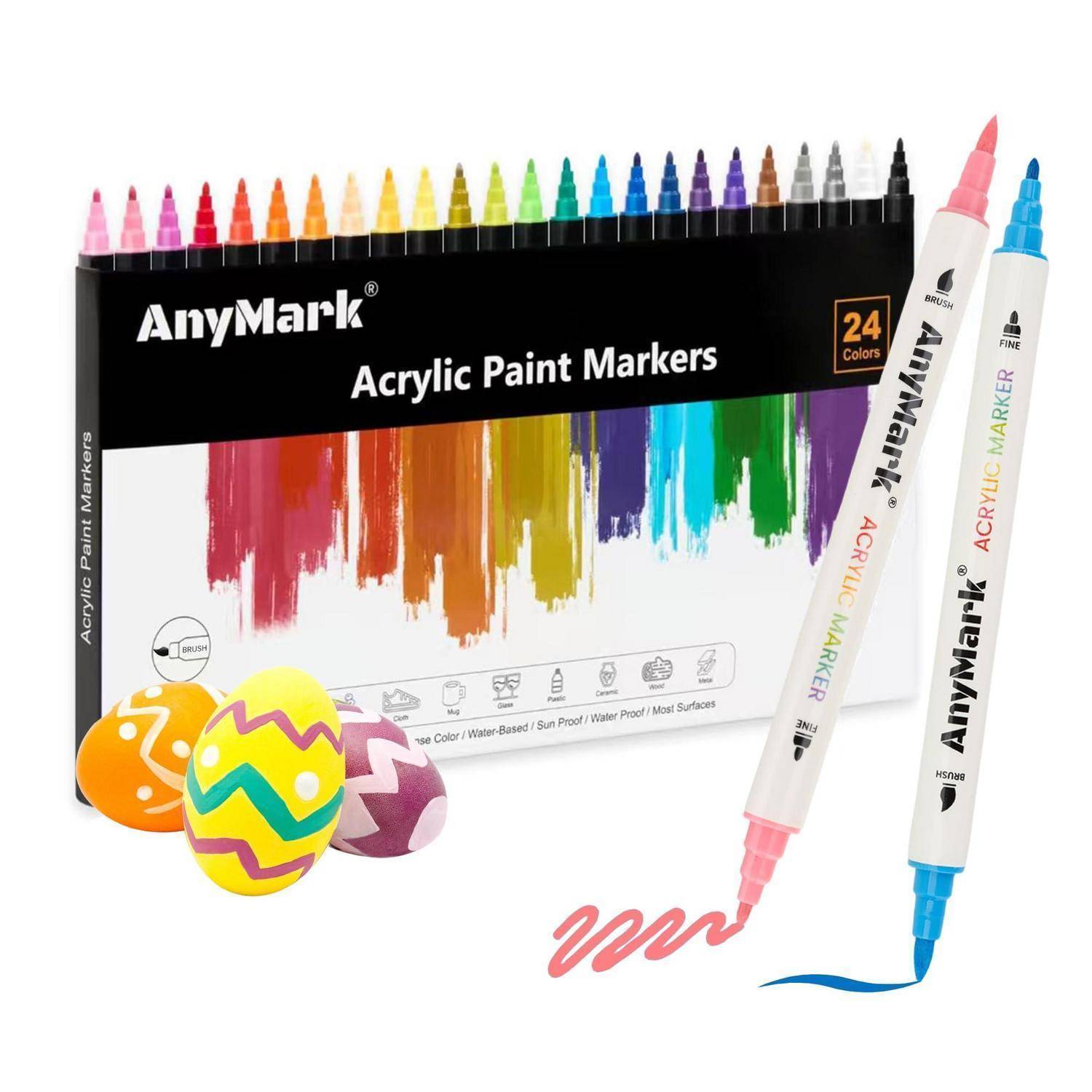 AnyMark 24 Farben Acrylstifte, Wasserfest Pinsel & Feine Spitze | 1-5mm Dual Tip Acrylmarker für Stein, Basteln, Holz, Eier, Leinwand, Keramik 24