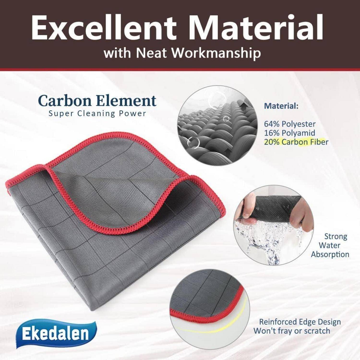 Werbebild eines grauen Reinigungstuchs mit der Bezeichnung „Carbon Element" mit rotem Rand, das die Materialmischung, starke Wassersaugfähigkeit und verstärkte Kanten hervorhebt.