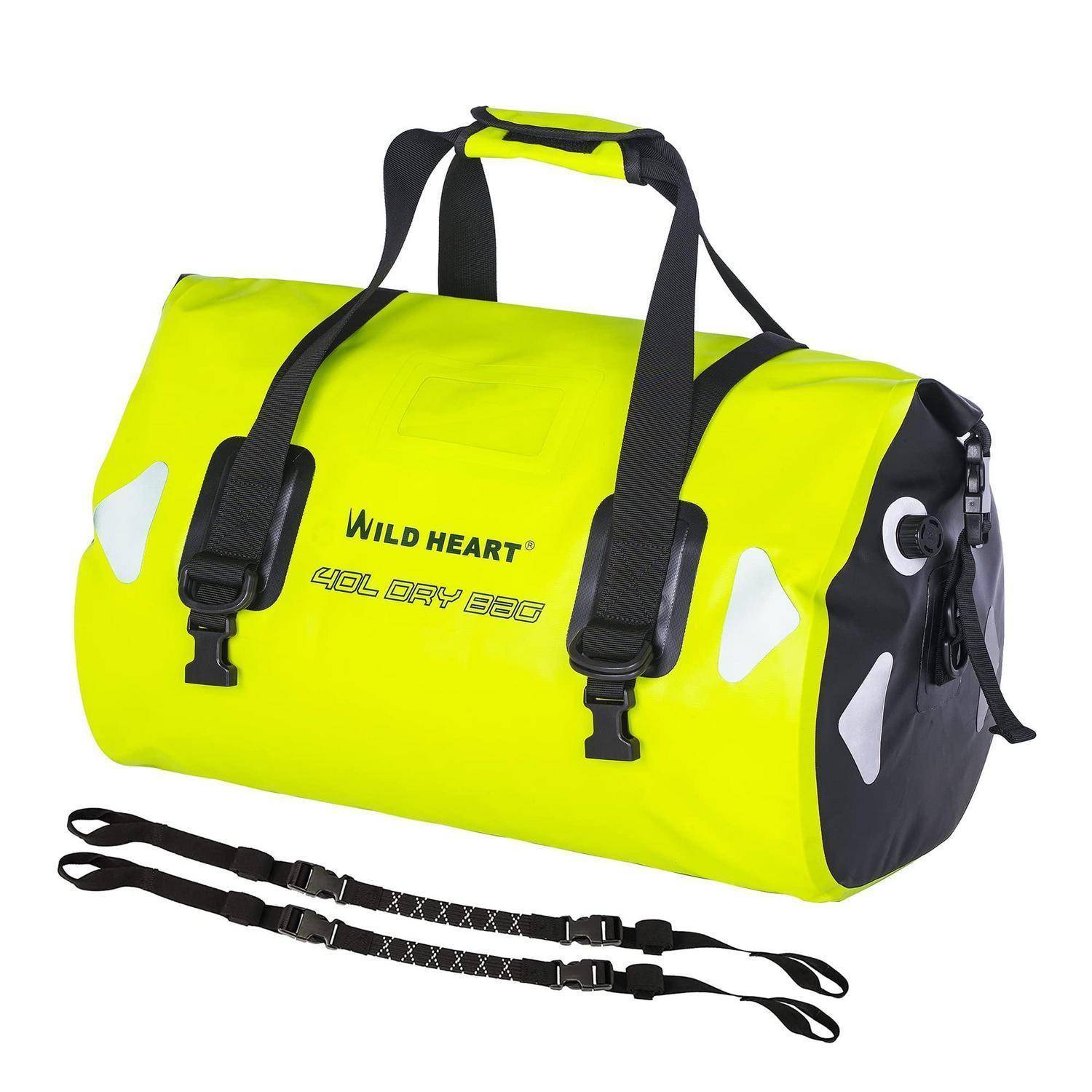 Hellgelbe Wild Heart 40L Trockentasche mit schwarzen Riemen und Schultergurt, gezeigt auf weißem Hintergrund.