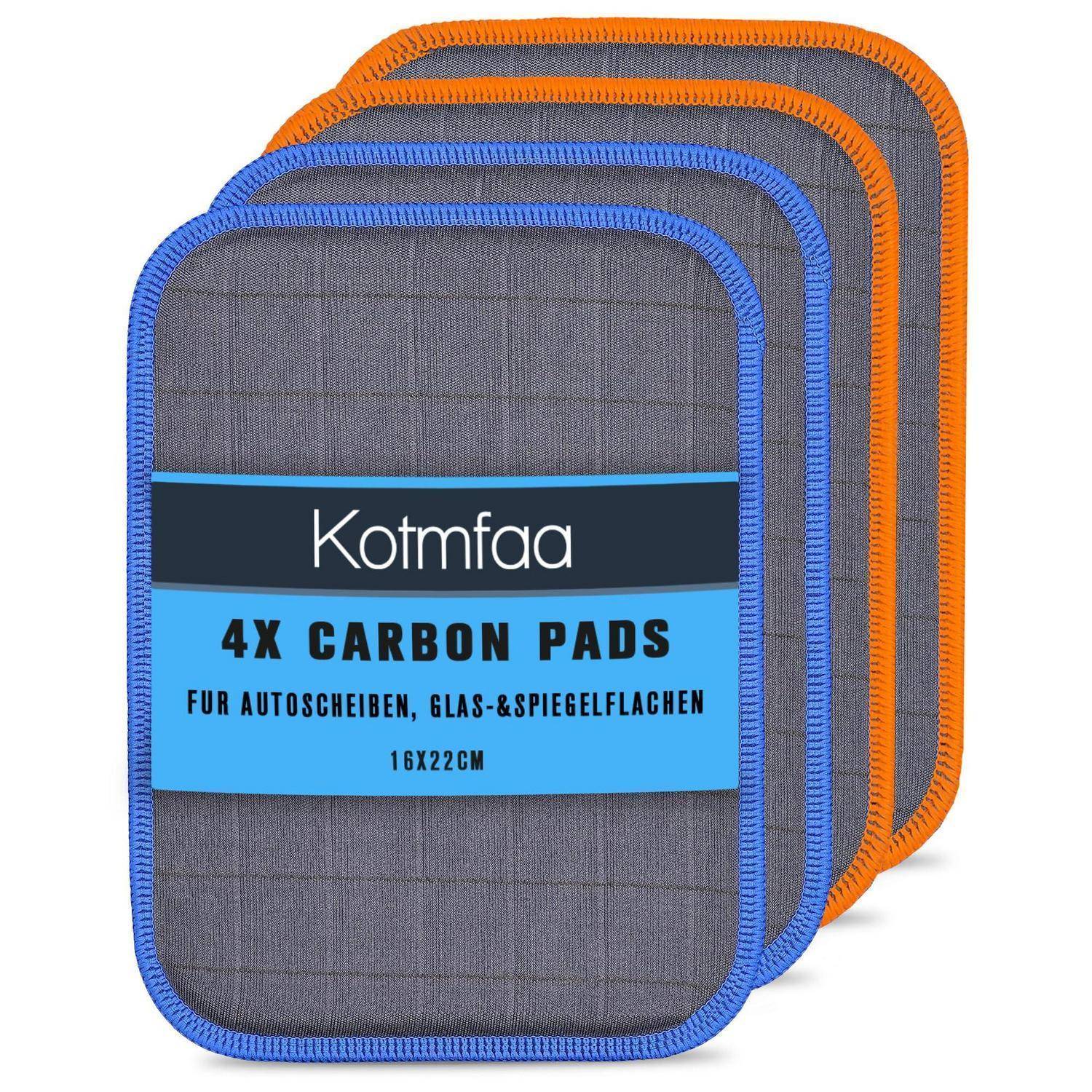 Vier verpackte Kotmfa Kohlenstoffauflagen mit blauem und orangefarbenem Rand, beschriftet mit „4X CARBON PADS